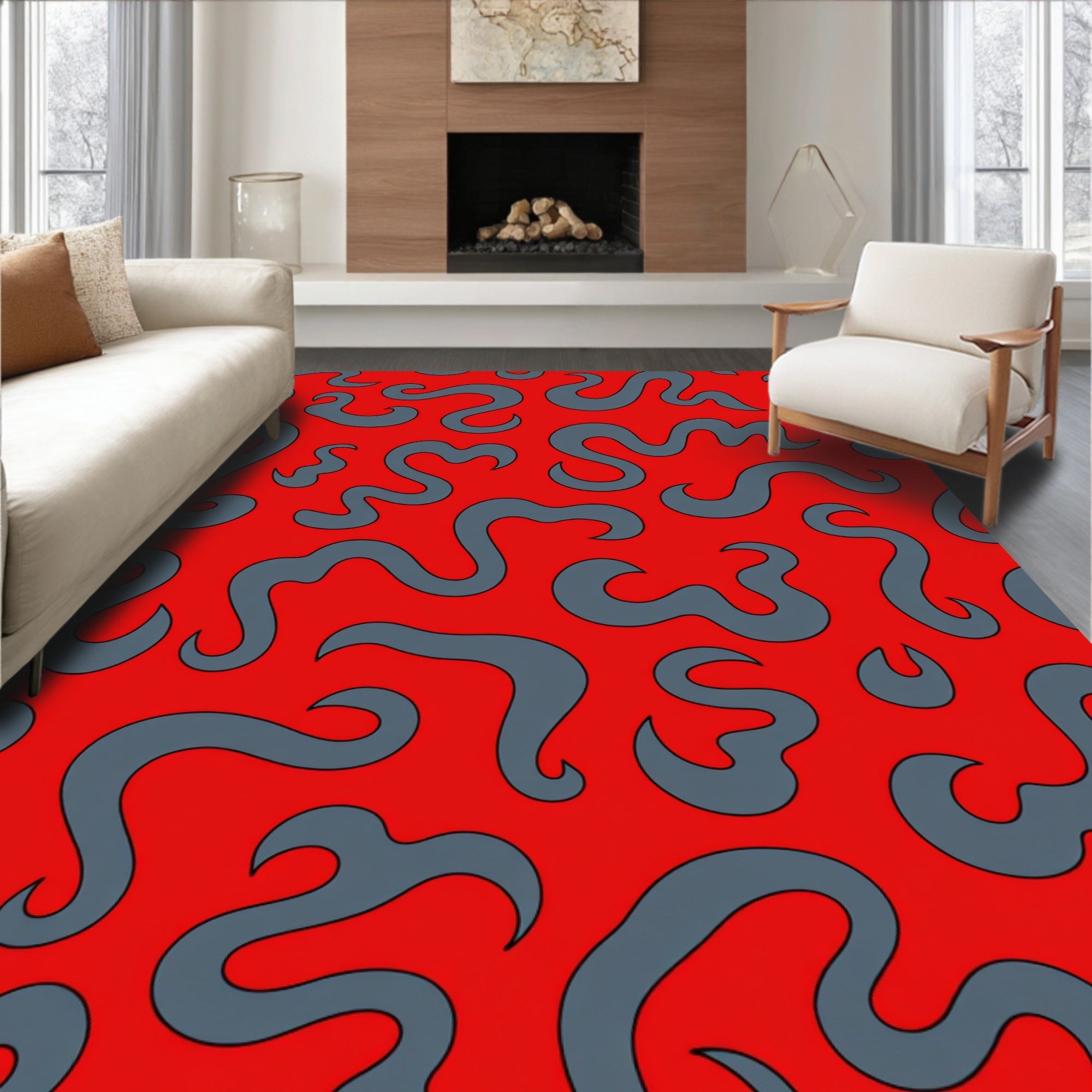 Red and Gray Abstract Swirls Rug
