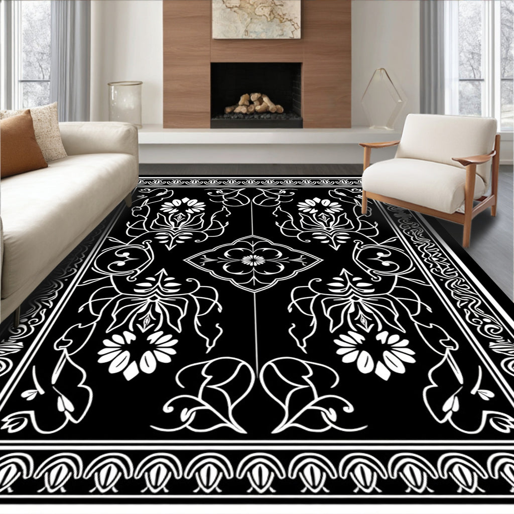 Elegant Black White Floral Symmetry Rug