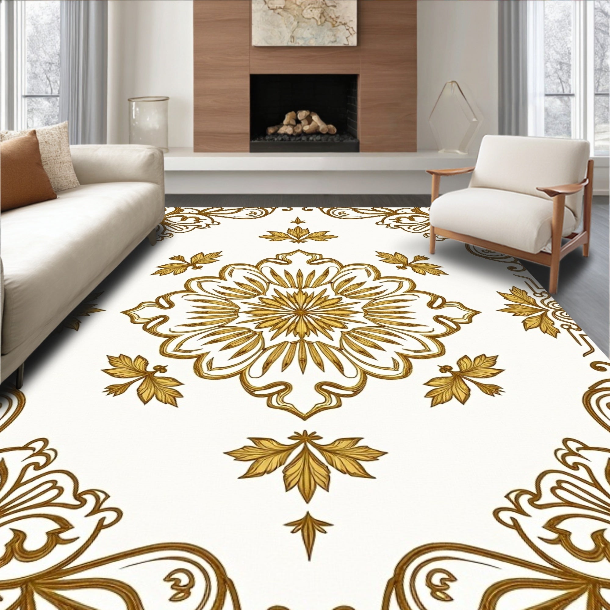 Ornate Gold Floral Mandala Pattern Rug