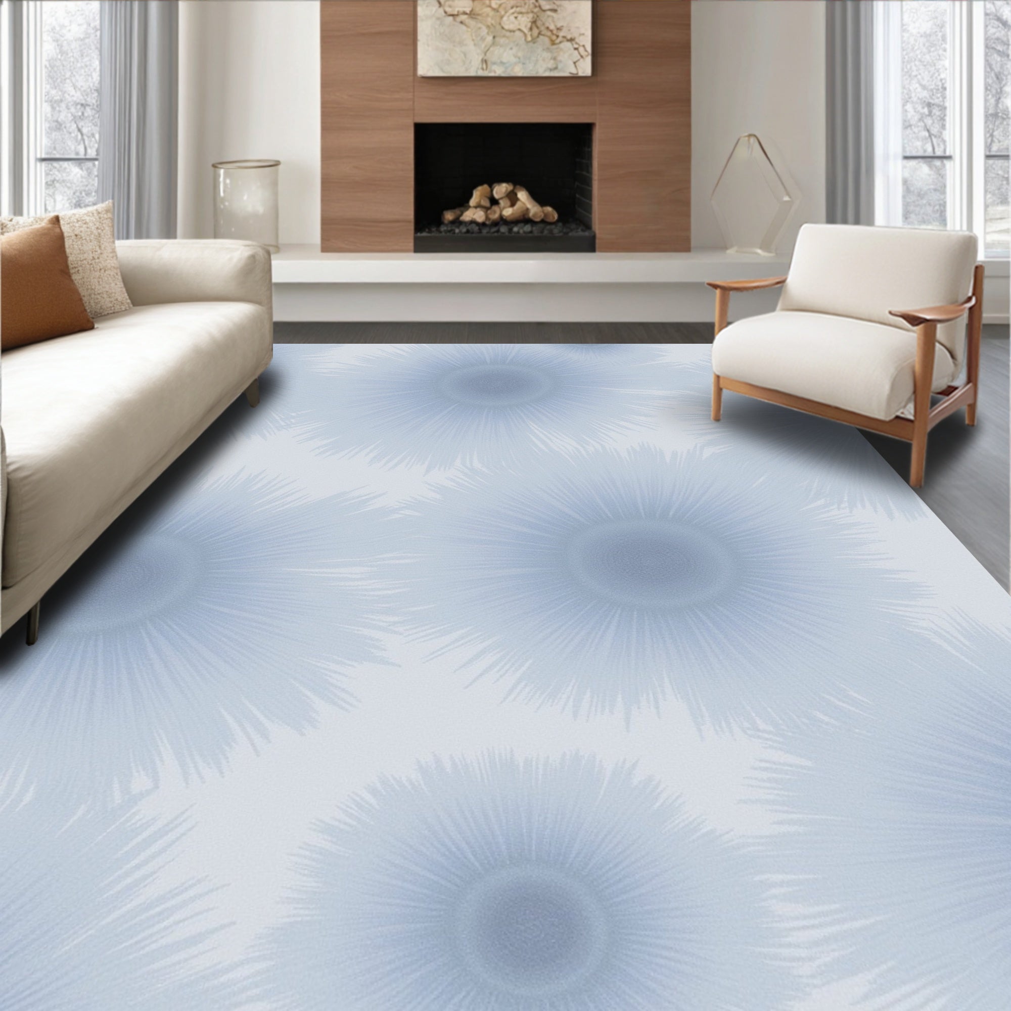 Soft Blue Sunburst Floral Design Rug