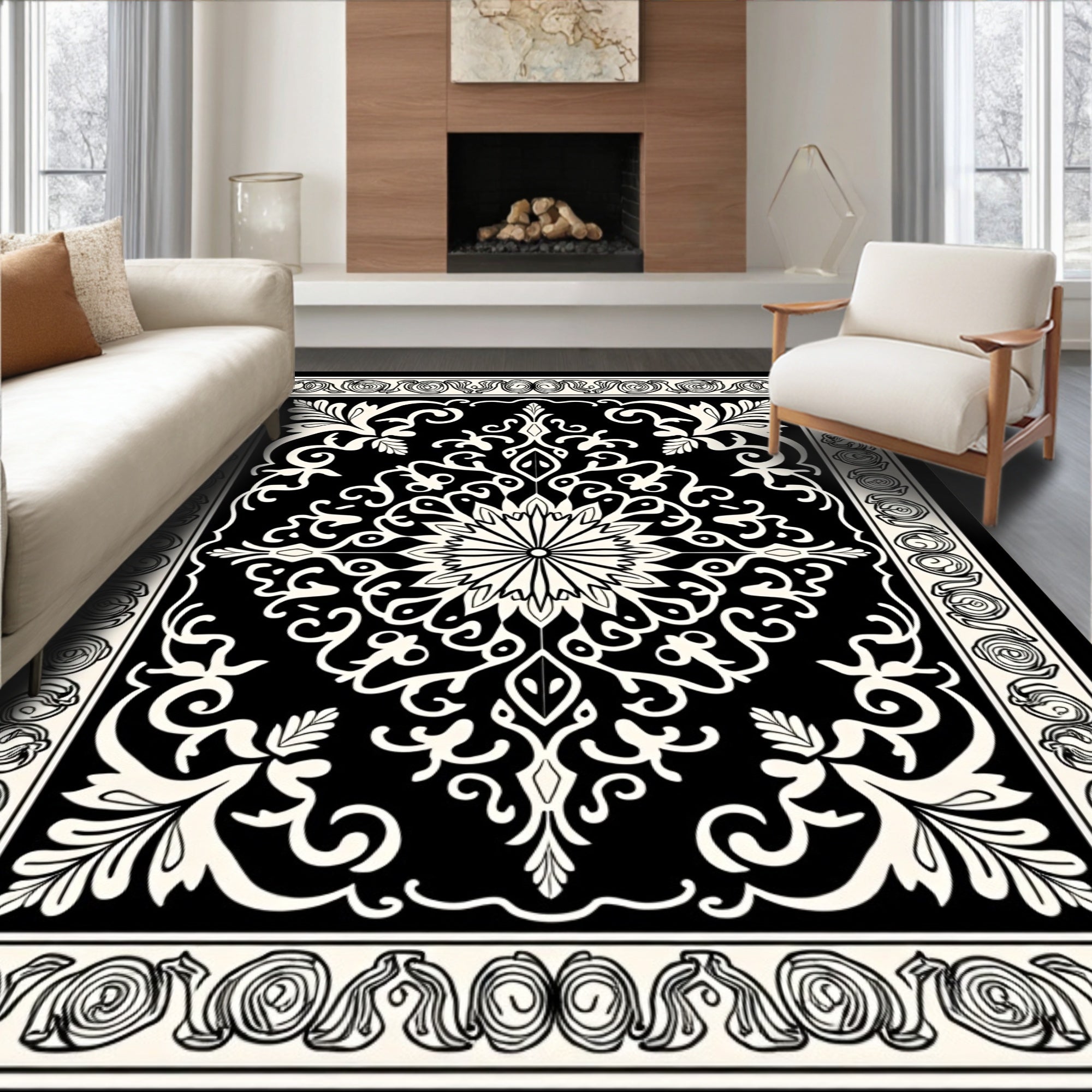 Classic Black White Floral Damask Rug