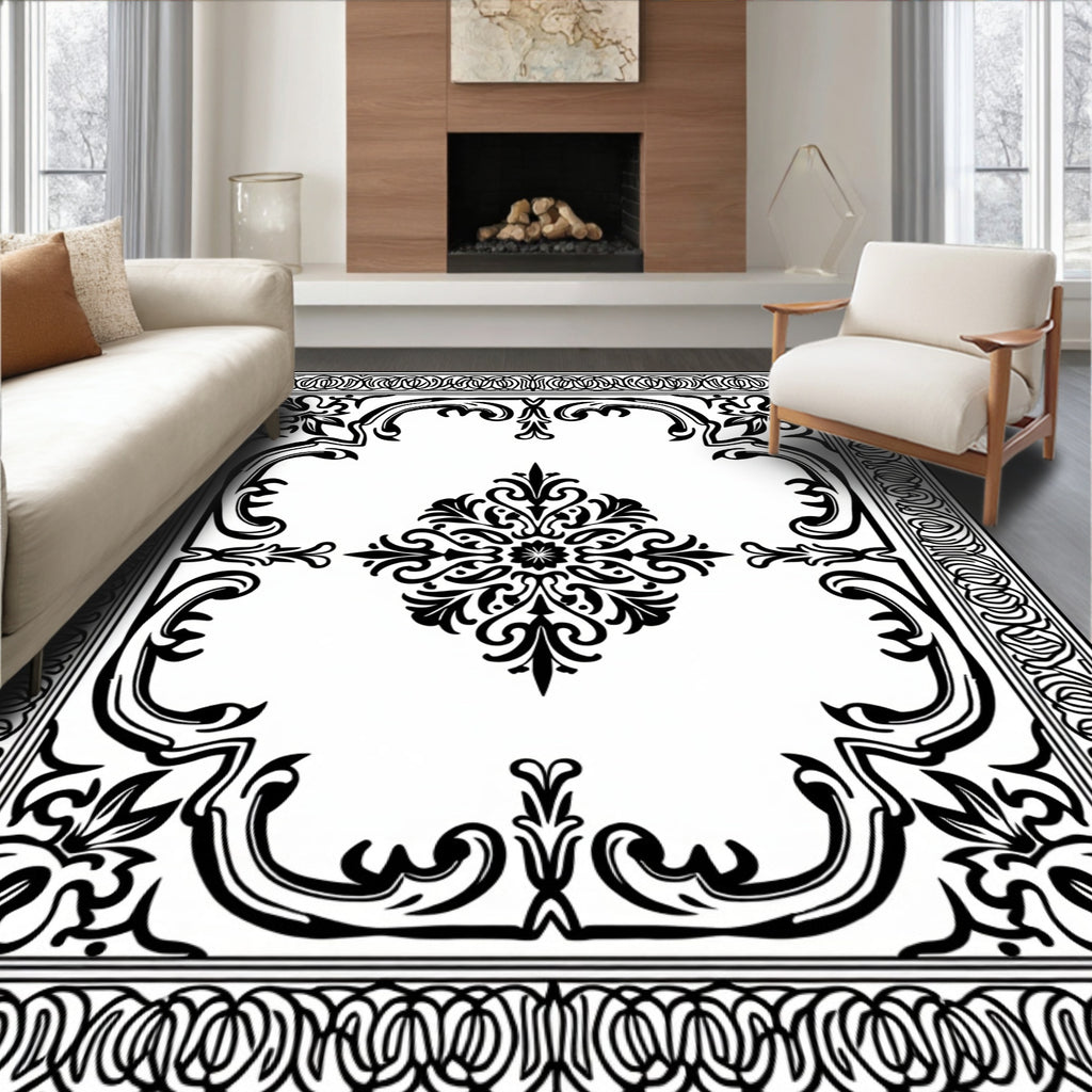Ornate Floral Scrollwork Black White Rug