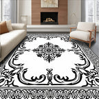 Ornate Floral Scrollwork Black White Rug