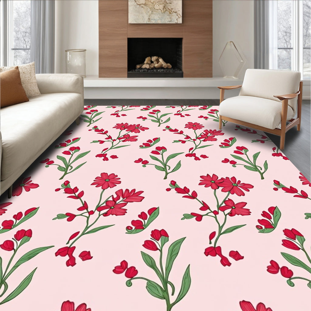 Red Floral Branches On Pink Background Rug