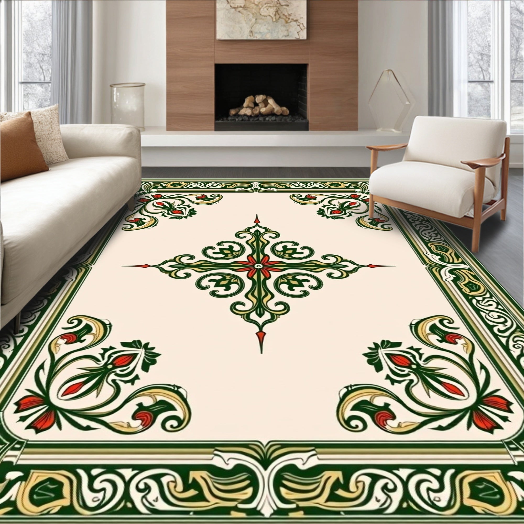 Green Red Floral Symmetry Design Rug