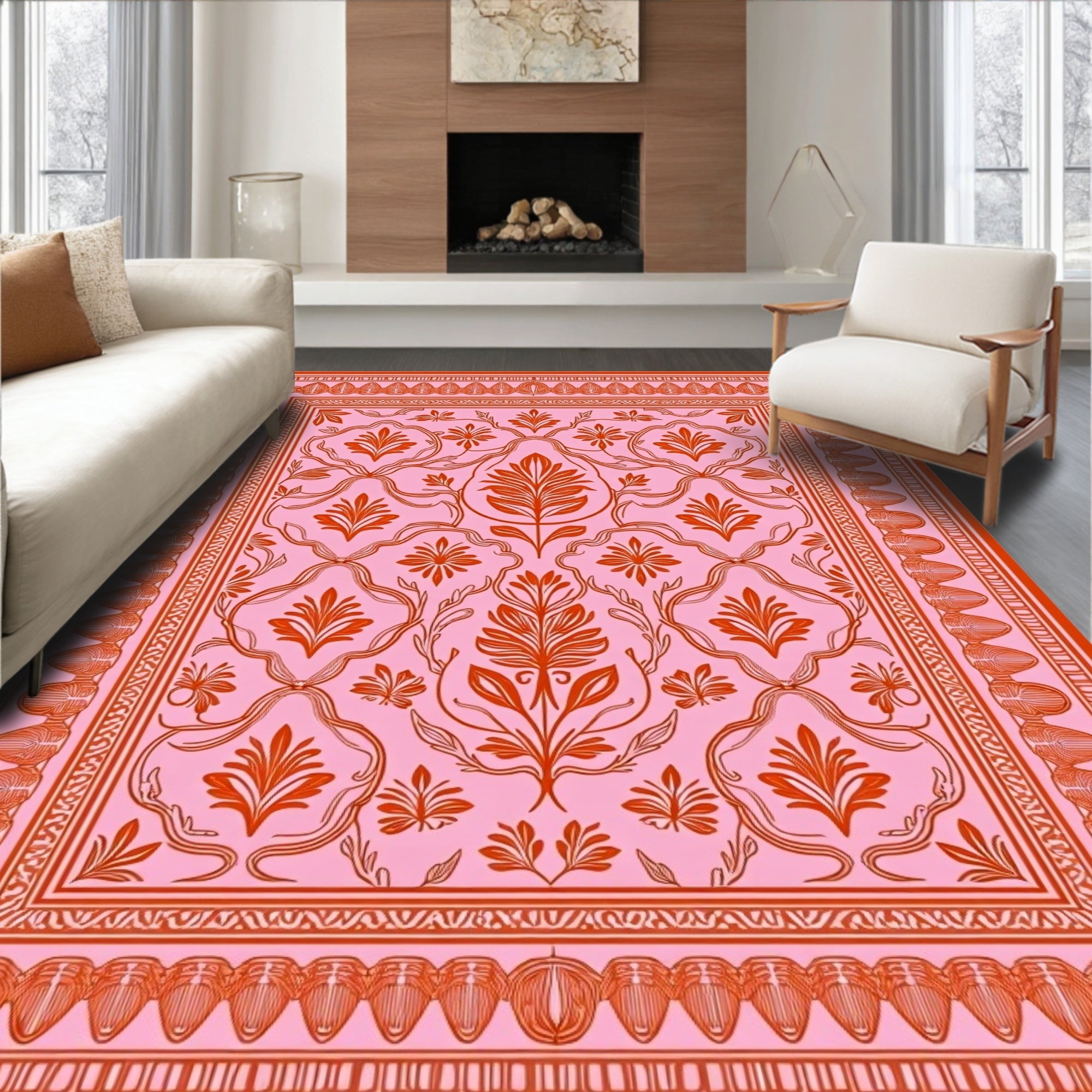 Ornate Floral Vine Pink Orange Rug