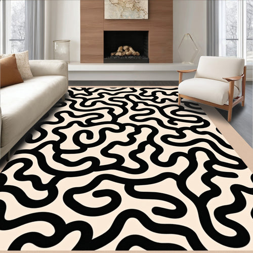 Abstract Black Swirl Pattern Rug