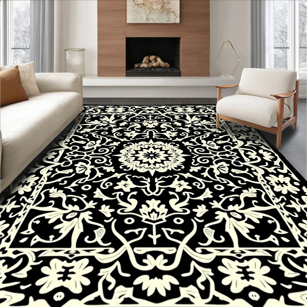 Intricate Black Cream Floral Vintage Rug