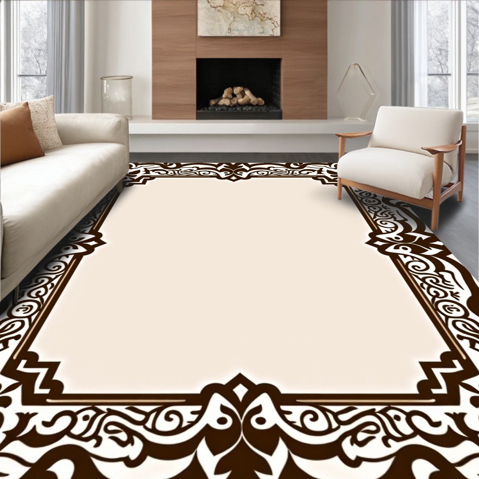 Traditional Ornate Swirls Border Design Rug