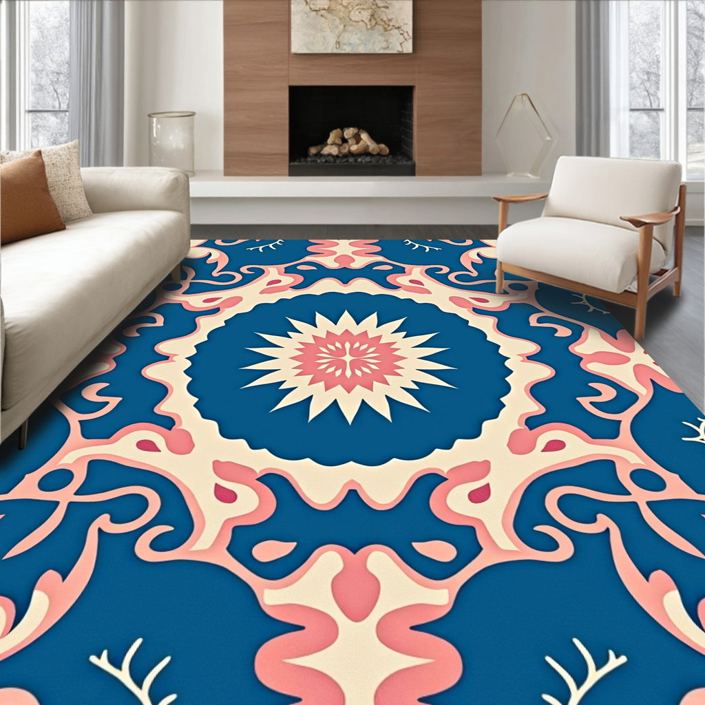 Vibrant Blossom Blue Pink Pattern Rug