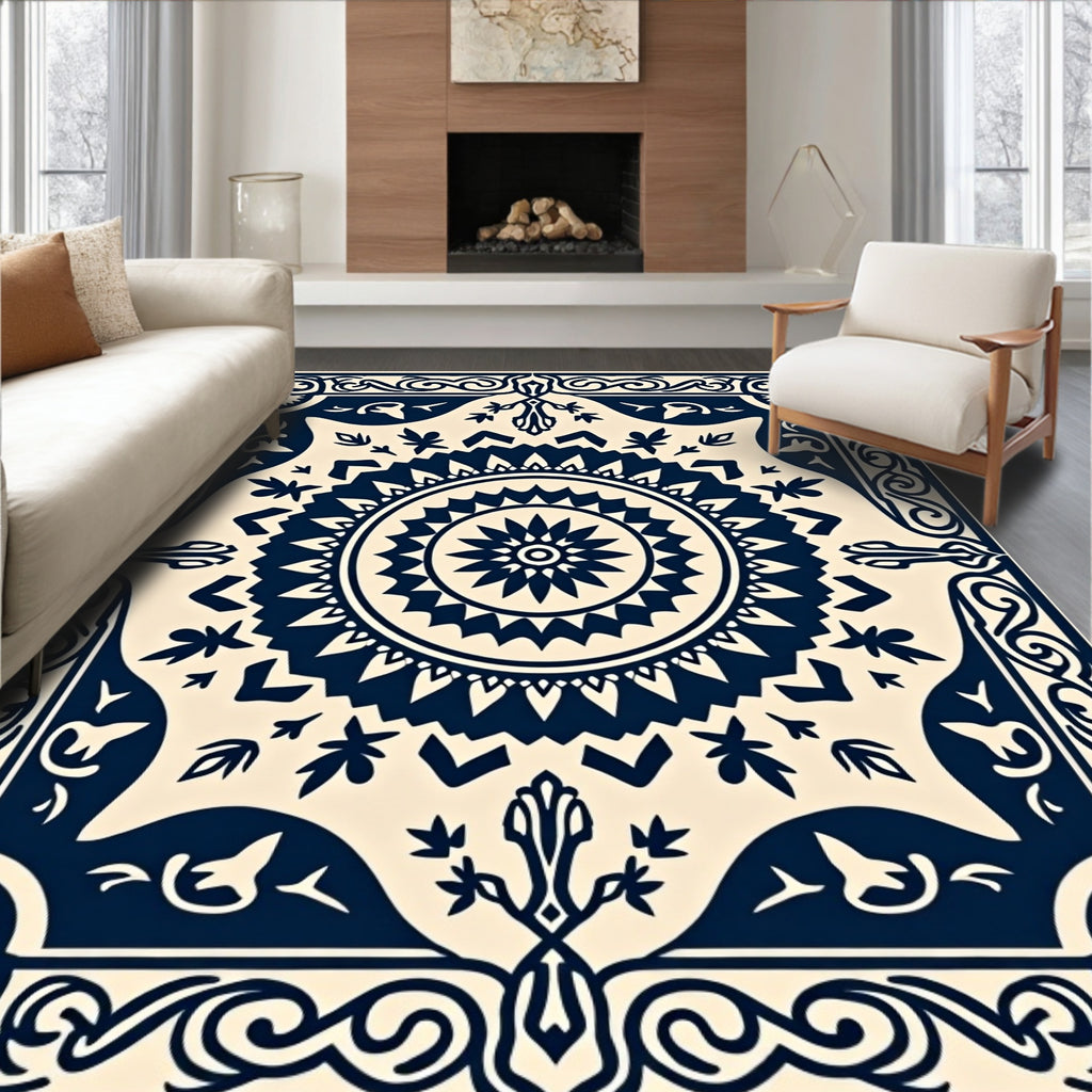 Classic Dark Blue Sunburst Mandala Rug