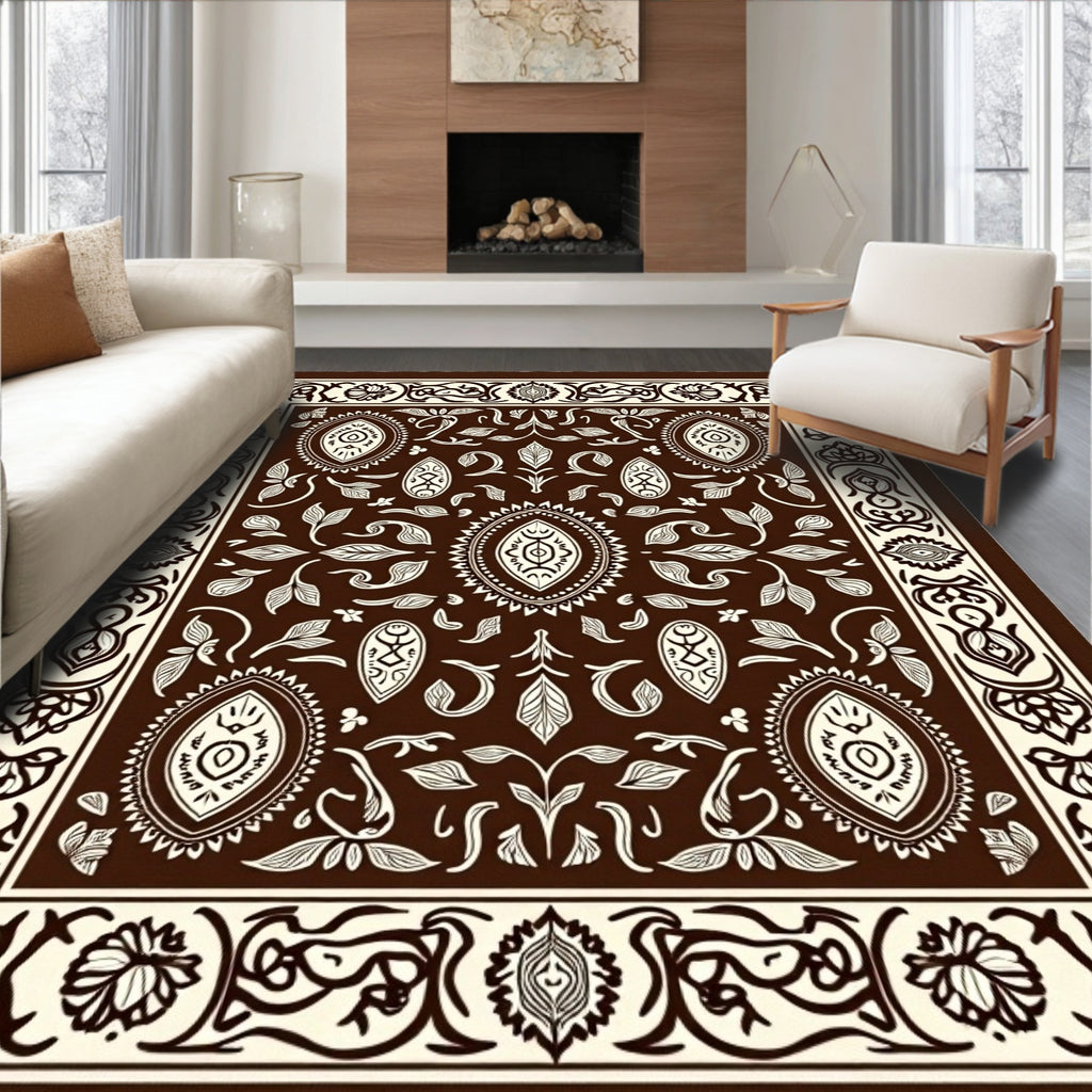 Ornate Floral Brown Cream Bordered Rug