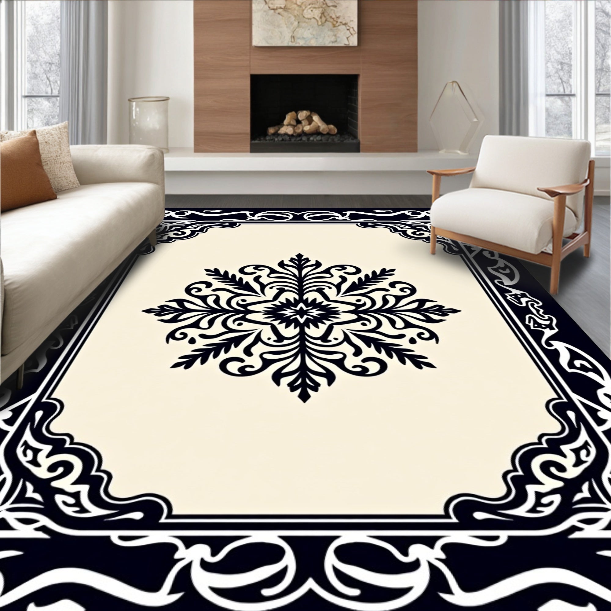 Intricate Black Floral Frame Design Rug