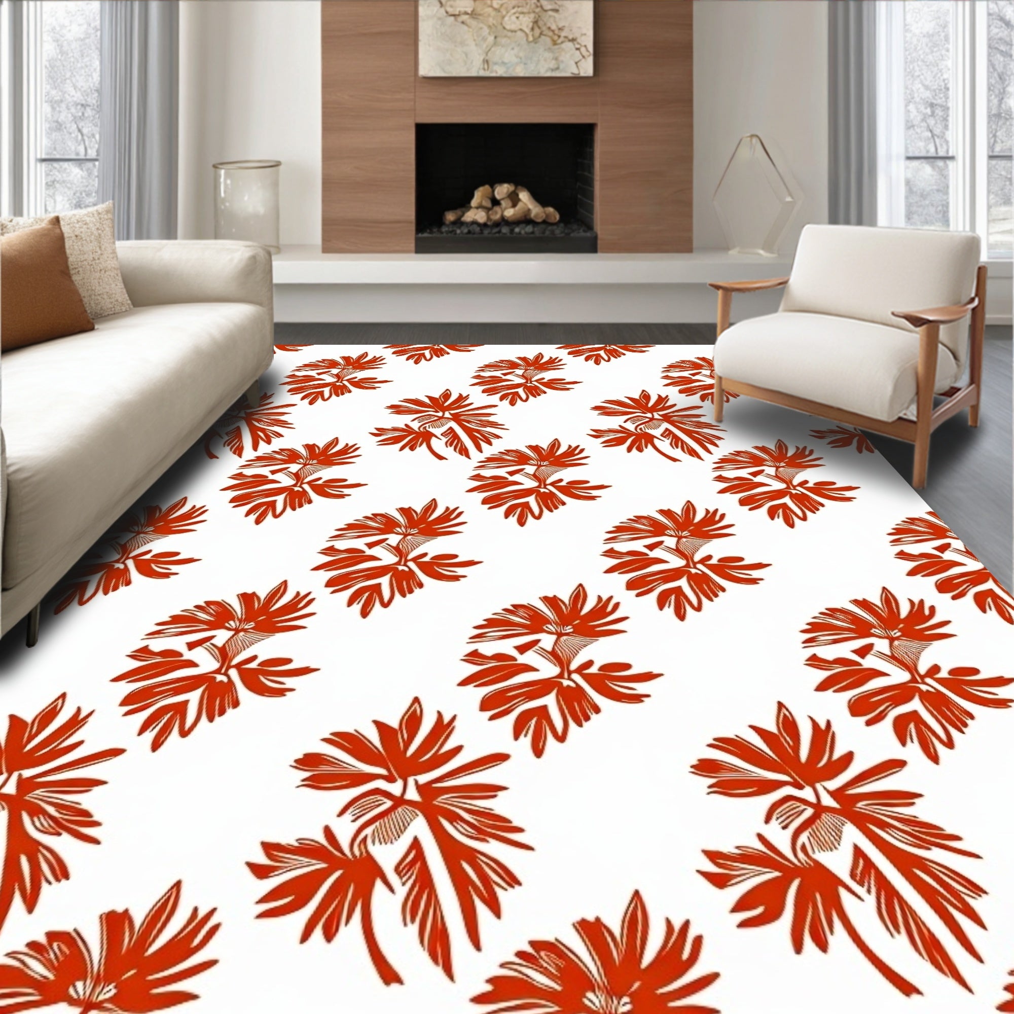 Red Floral Patterned Abstract Rug