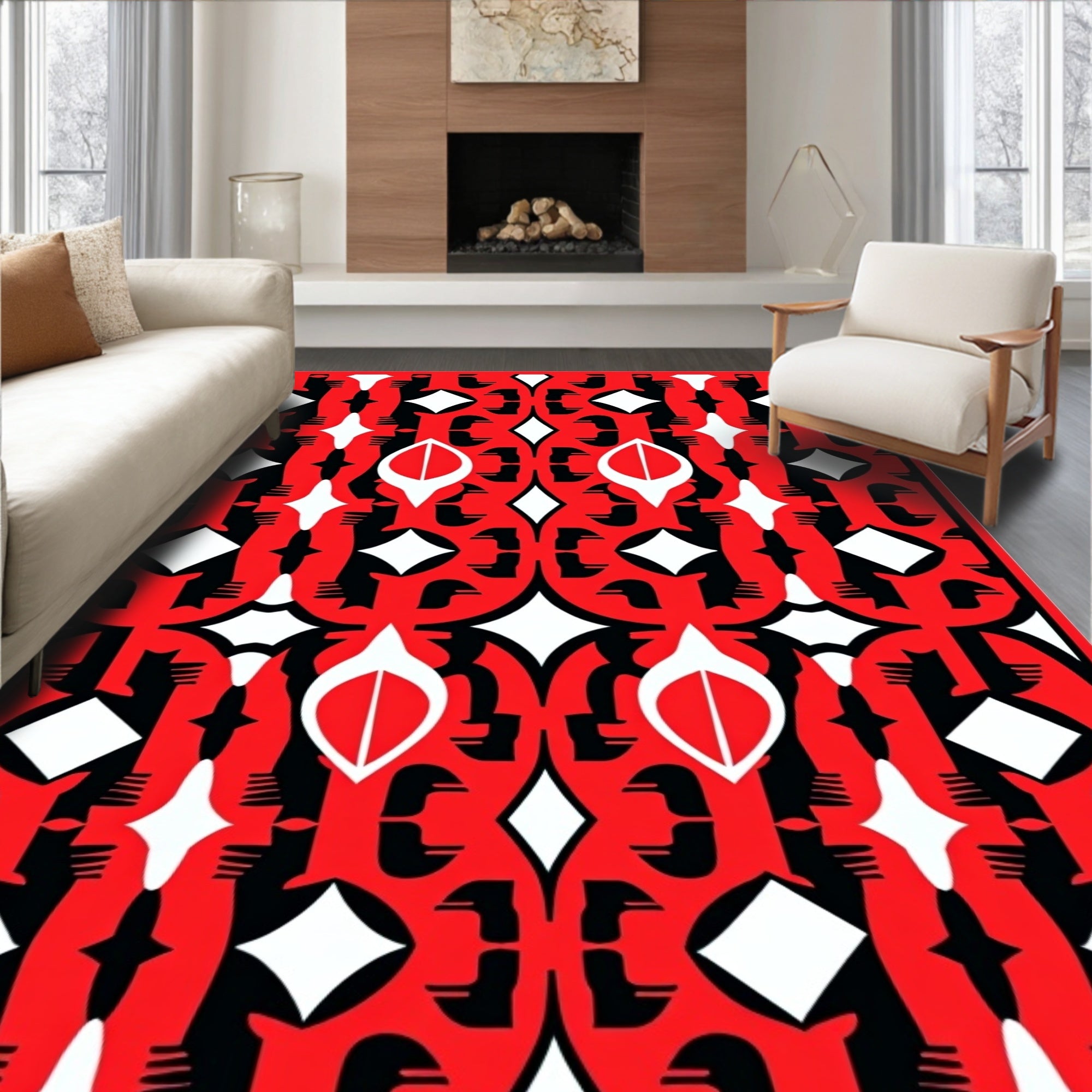 Bold Red Black White Geometric Pattern Rug