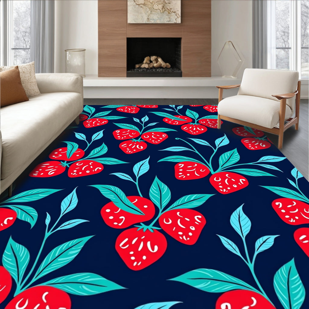 Red Strawberry Pattern With Blue Leaves Rug