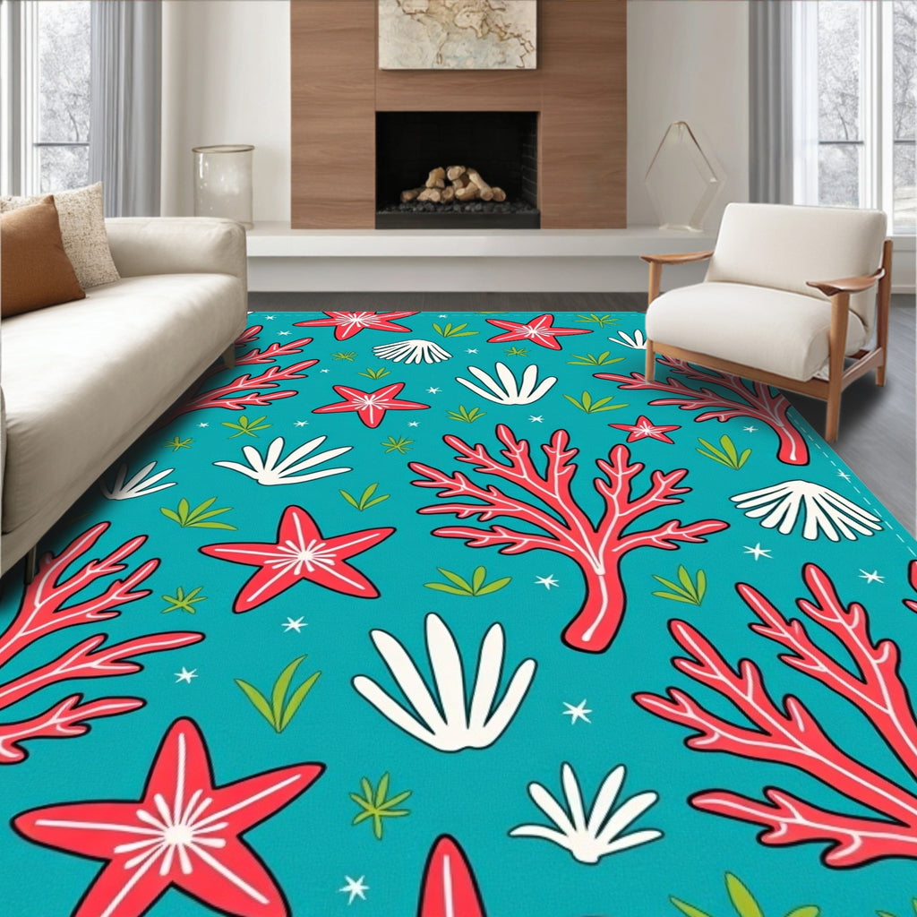Coral Starfish Shell Ocean Pattern Rug