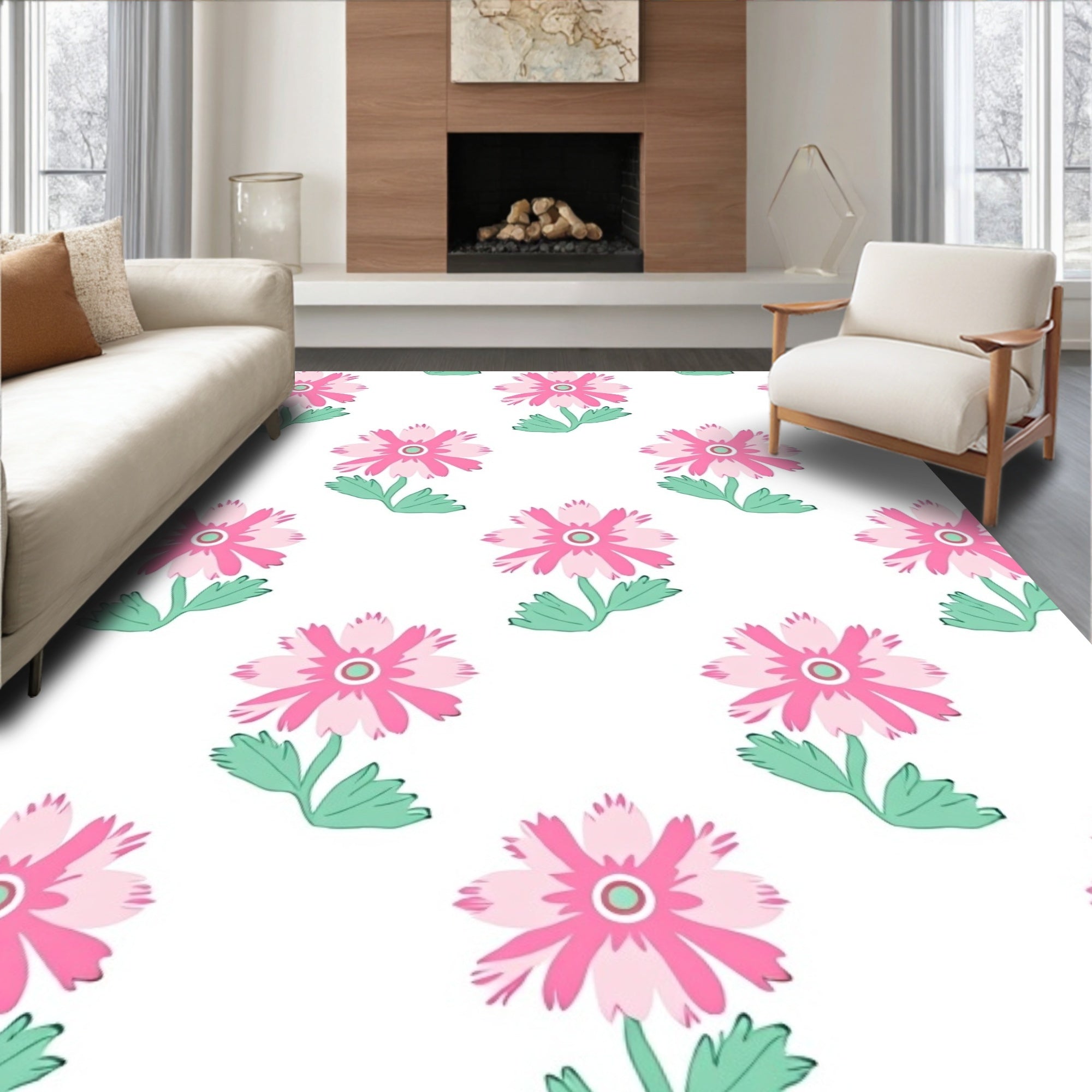 Pink Daisy Pattern With Green Stems Rug