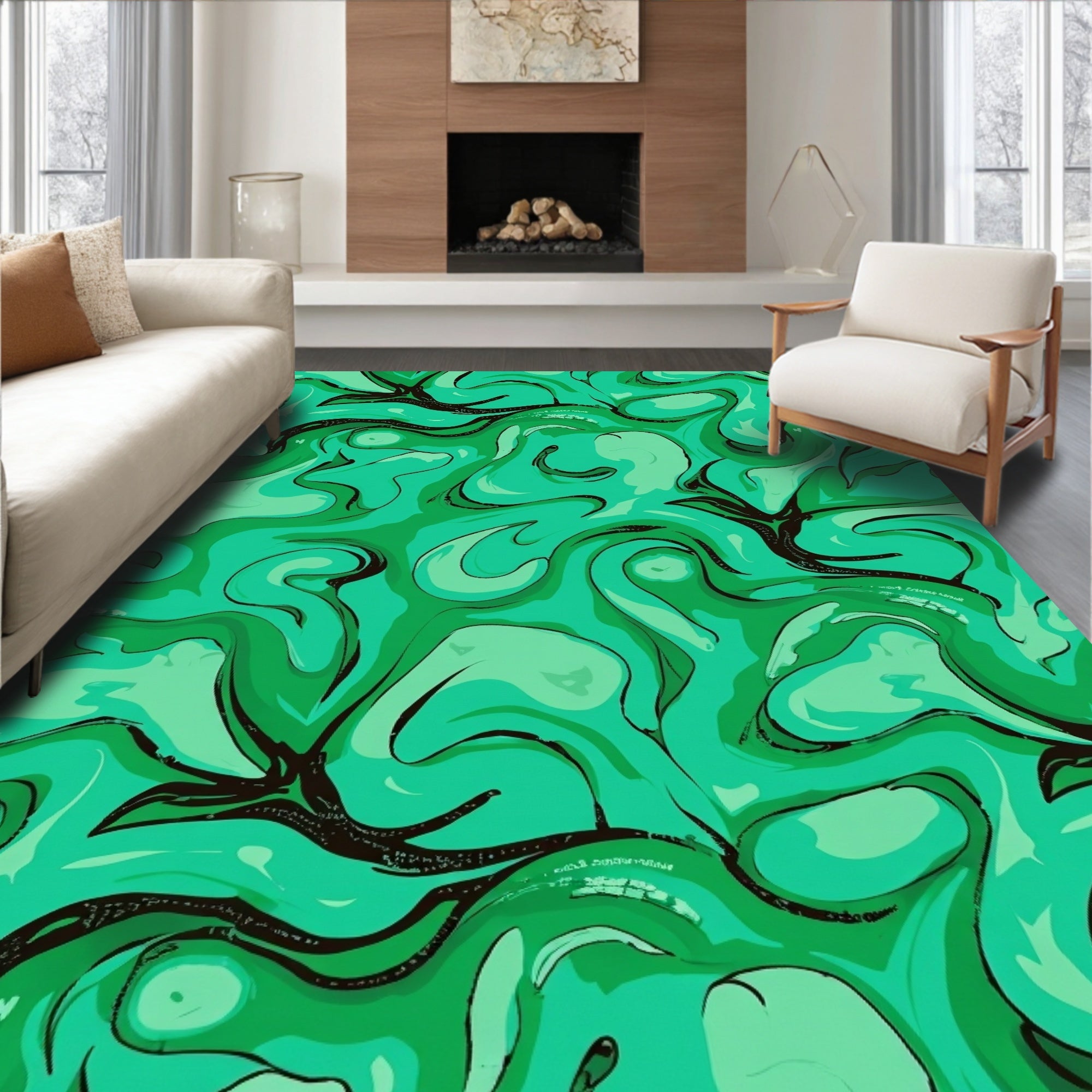 Abstract Swirls Green Contemporary Design Rug