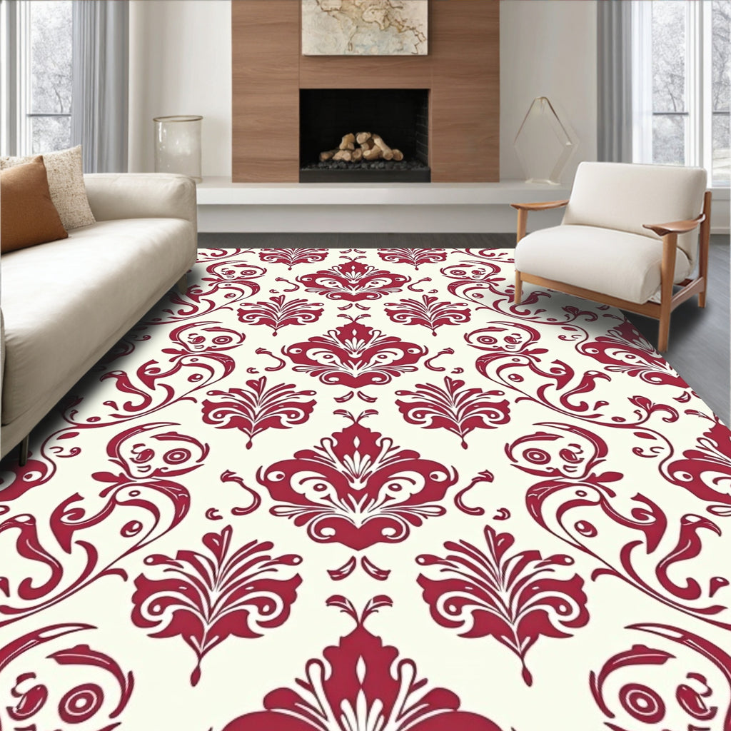 Crimson and Cream Damask Pattern Rug