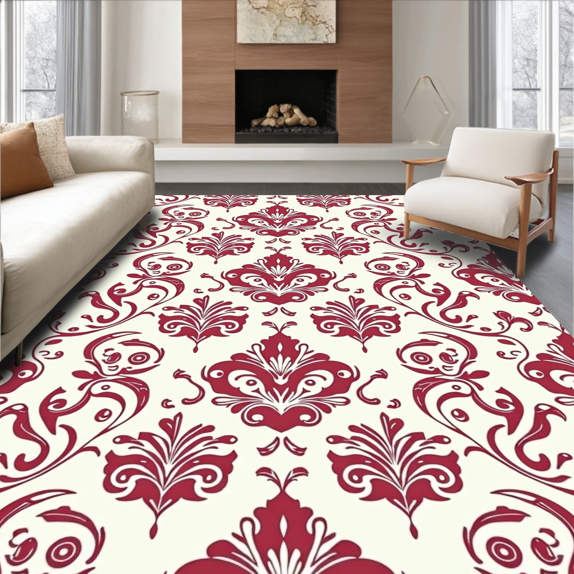 Crimson and Cream Damask Pattern Rug