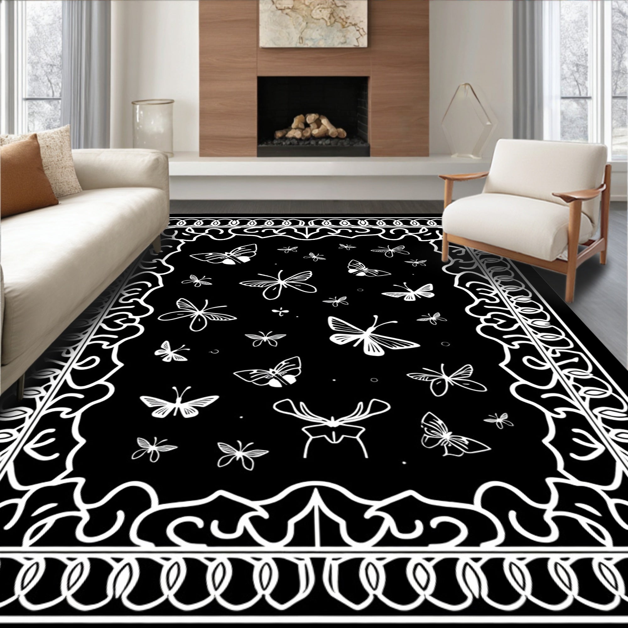 Bold Black White Butterfly Pattern Rug