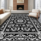 Traditional Black White Floral Medallion Rug