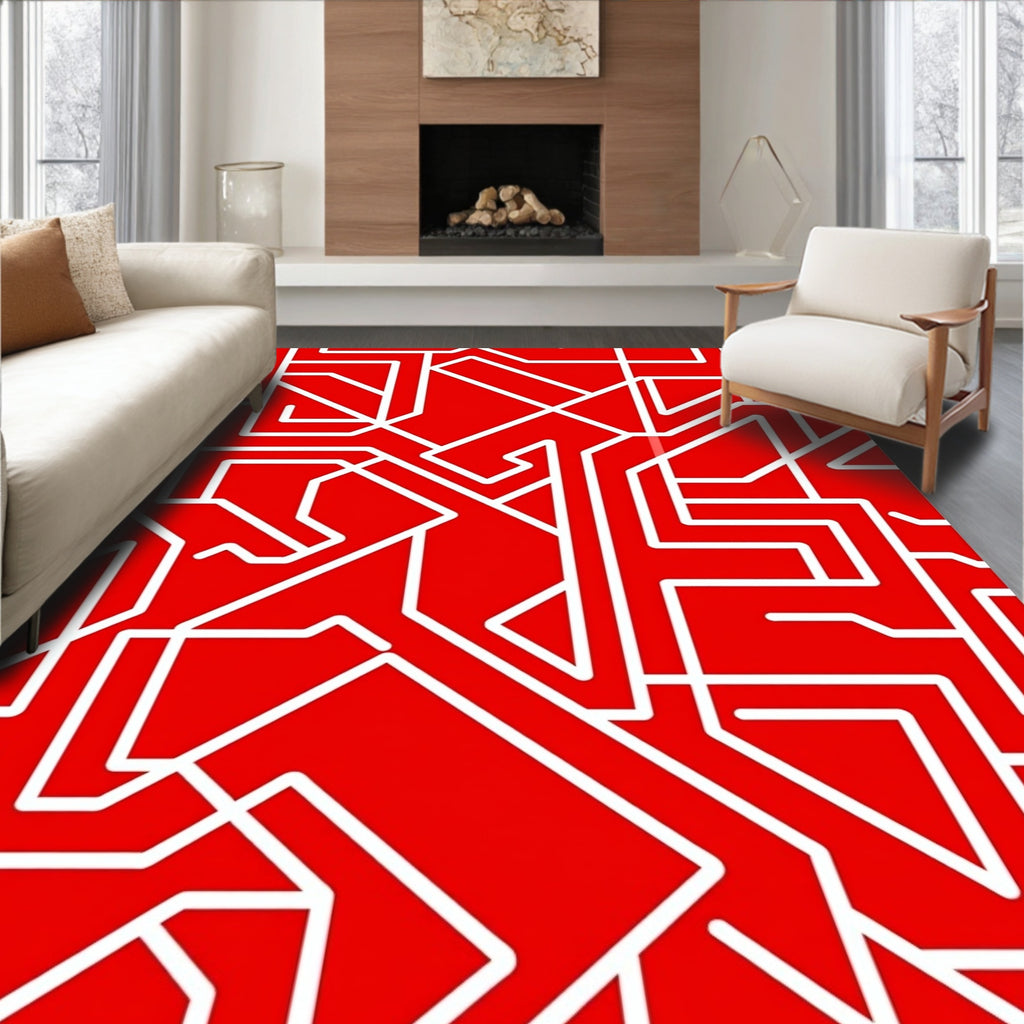 Abstract Red 2 White Geometric Pattern Rug