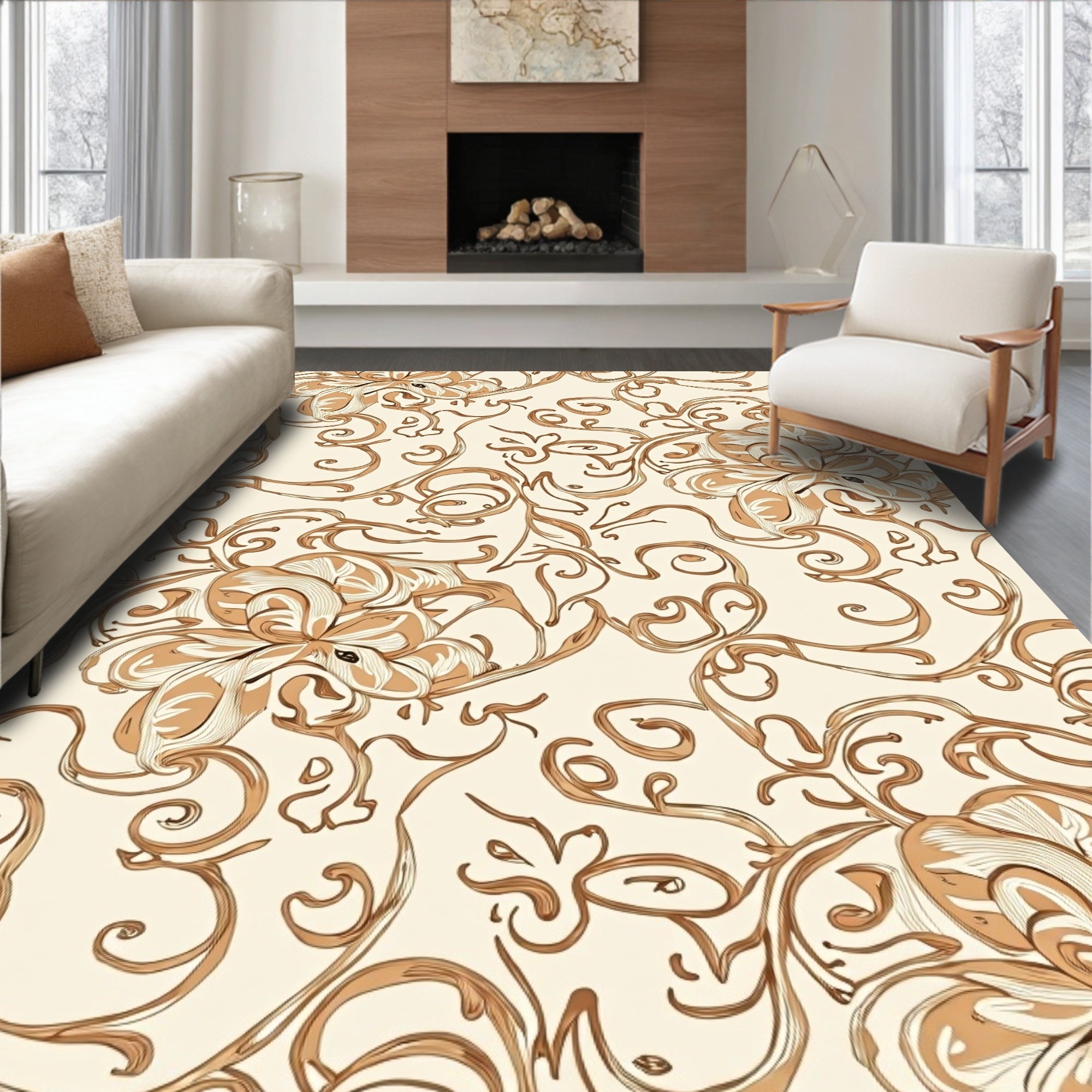 Elegant Floral Scrollwork In Beige Rug
