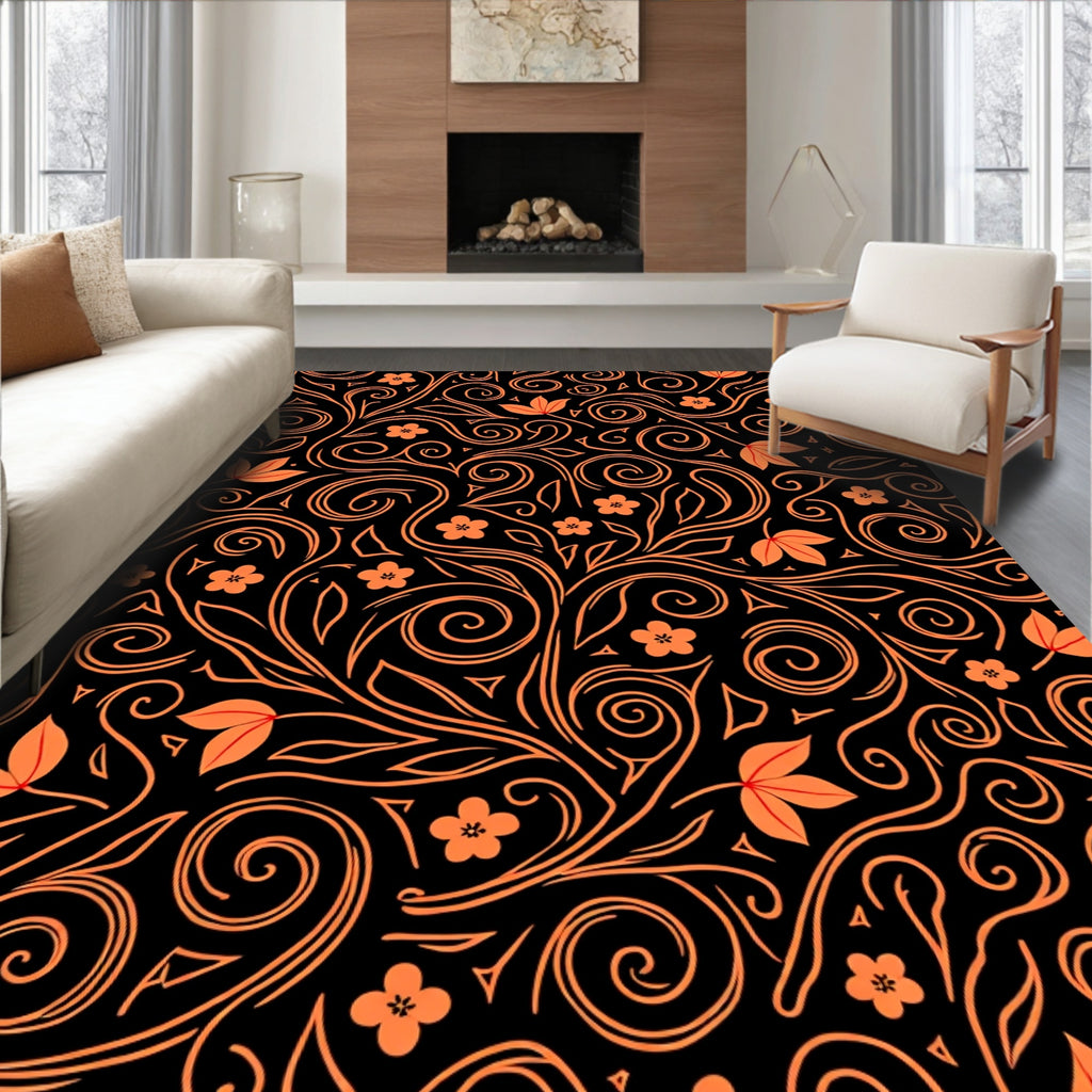Orange Floral Swirl Pattern Rug