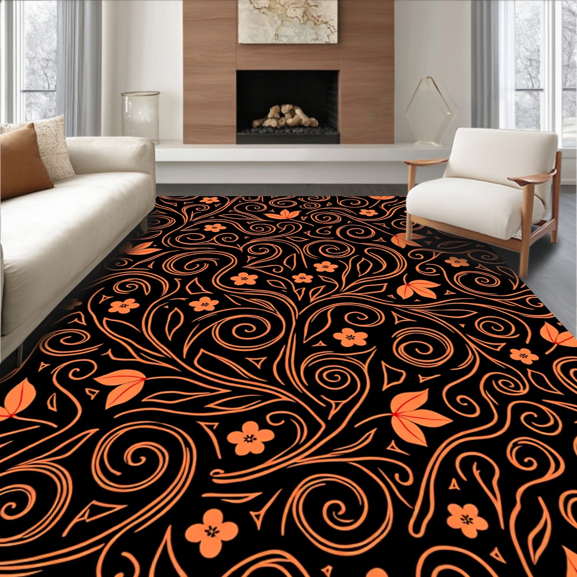 Orange Floral Swirl Pattern Rug