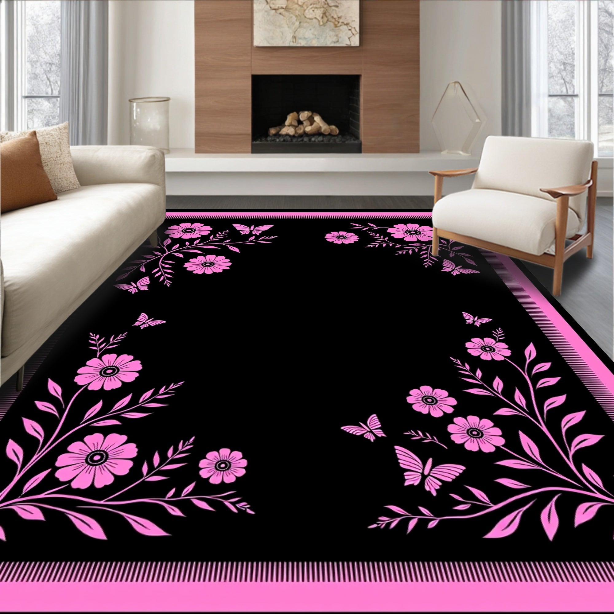 Pink Butterflies With Floral Accents Rug