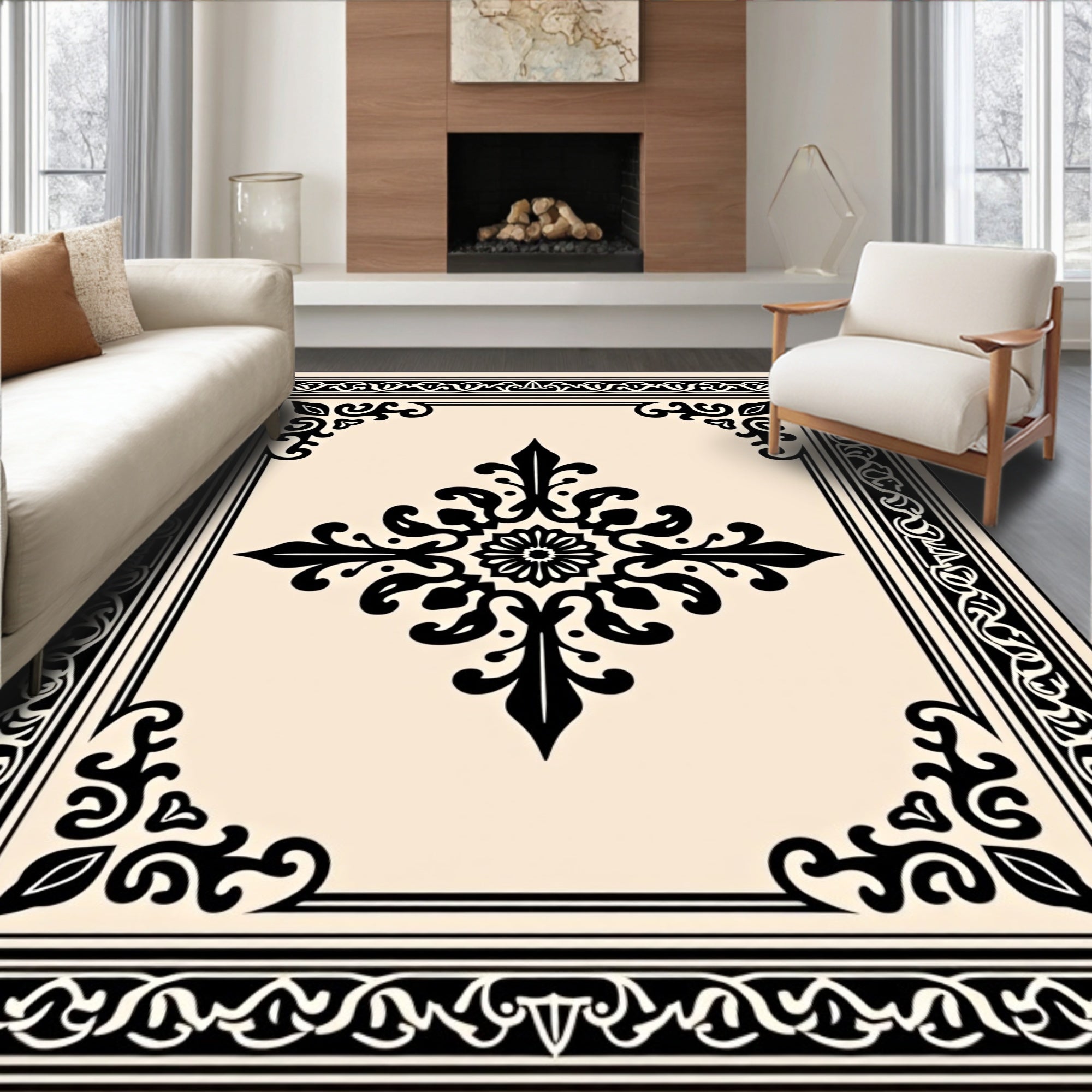 Ornate Black Floral Medallion Rug
