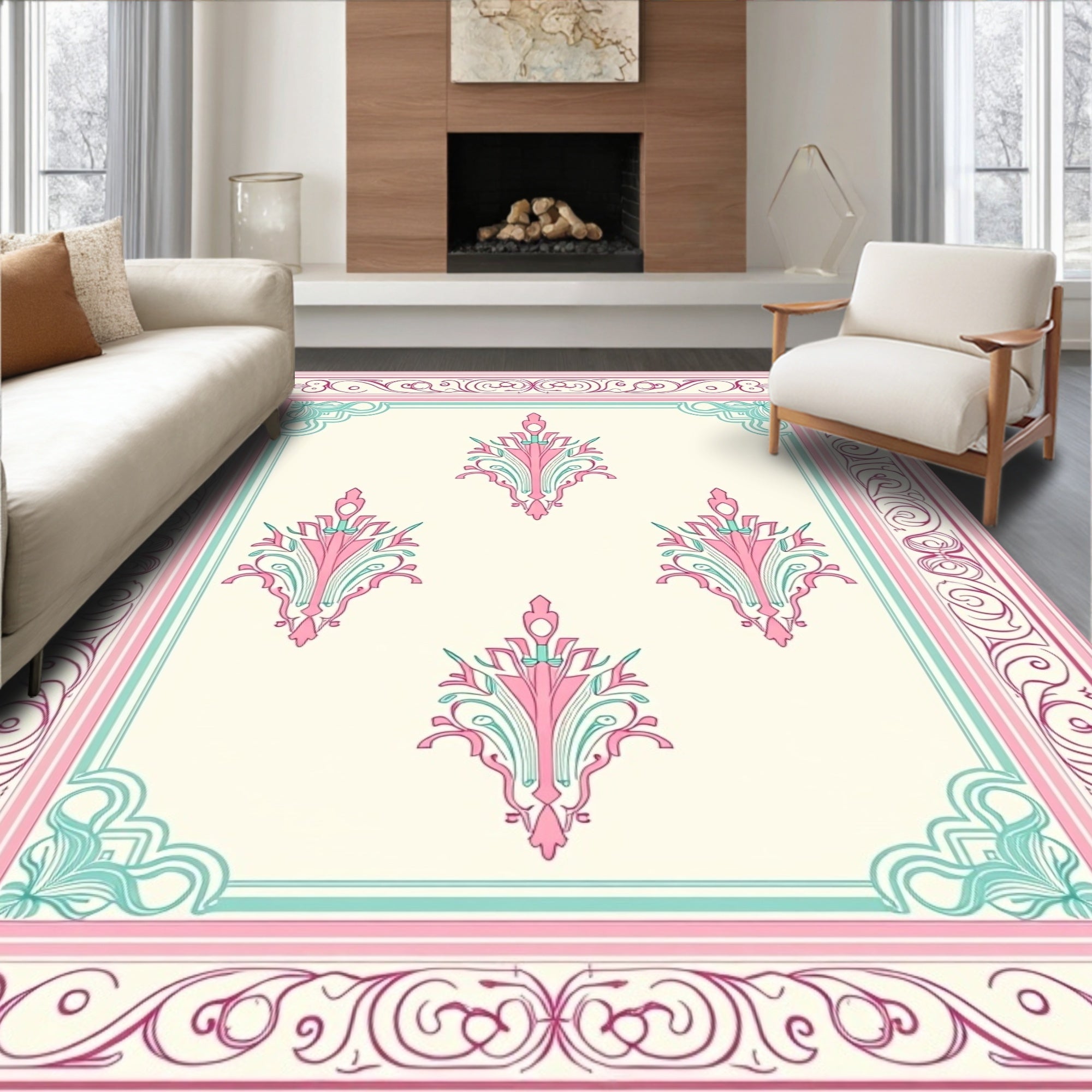 Victorian Scrollwork Delicate Floral Pattern Rug