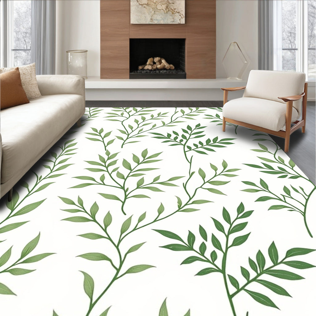 Delicate Green Leafy Vine Pattern Rug
