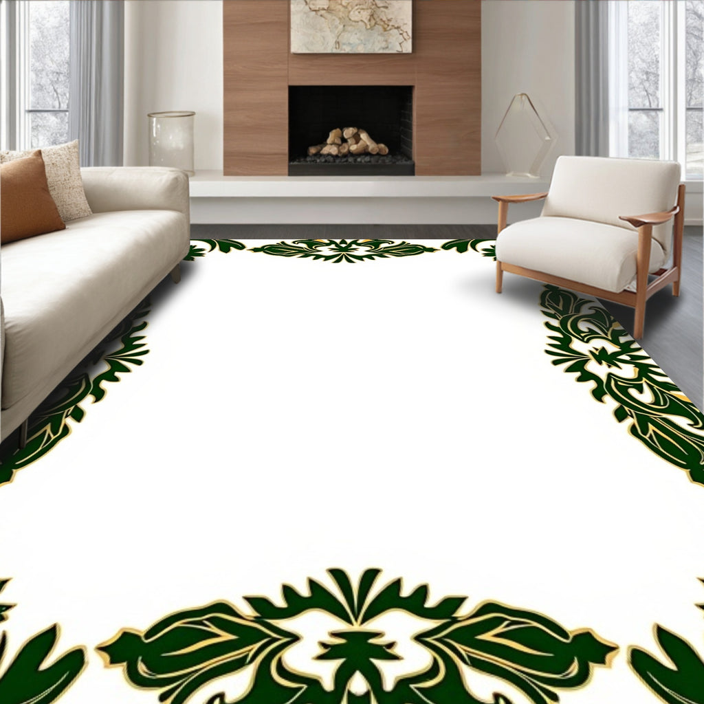 Elegant Green Scroll Floral Design Rug