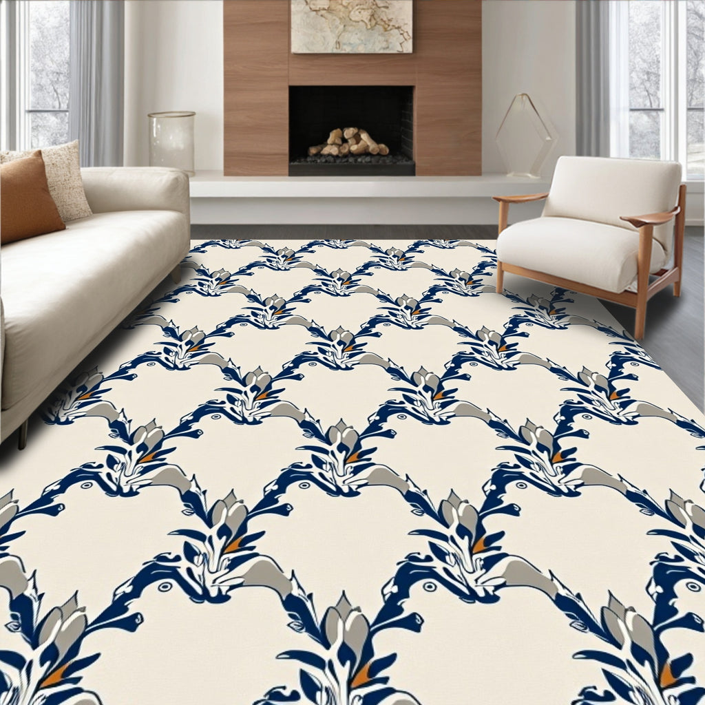 Elegant Blue Gray Floral Pattern Rug