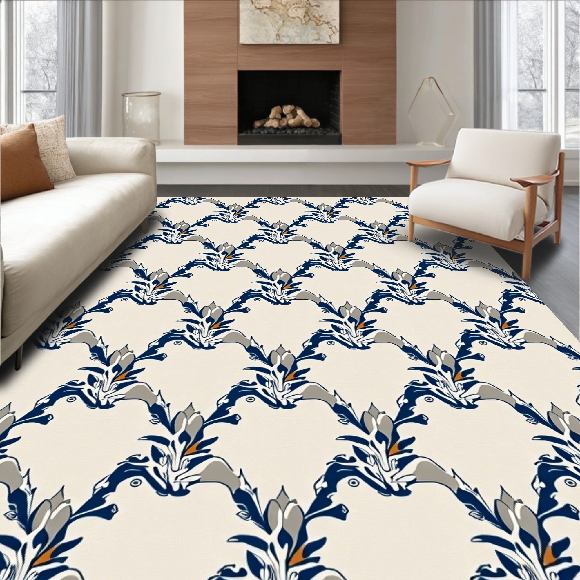 Elegant Blue Gray Floral Pattern Rug