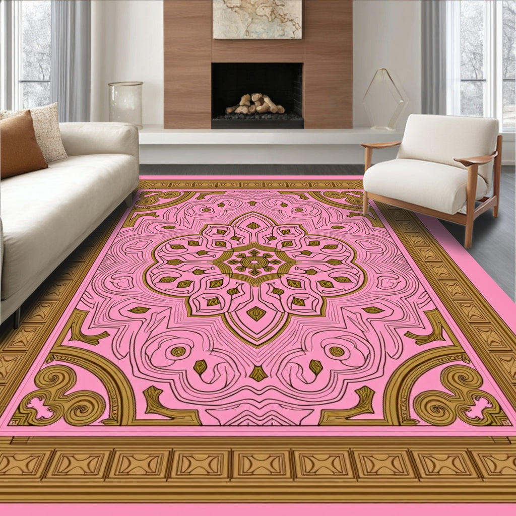 Art Deco Pink Gold Intricate Pattern Rug