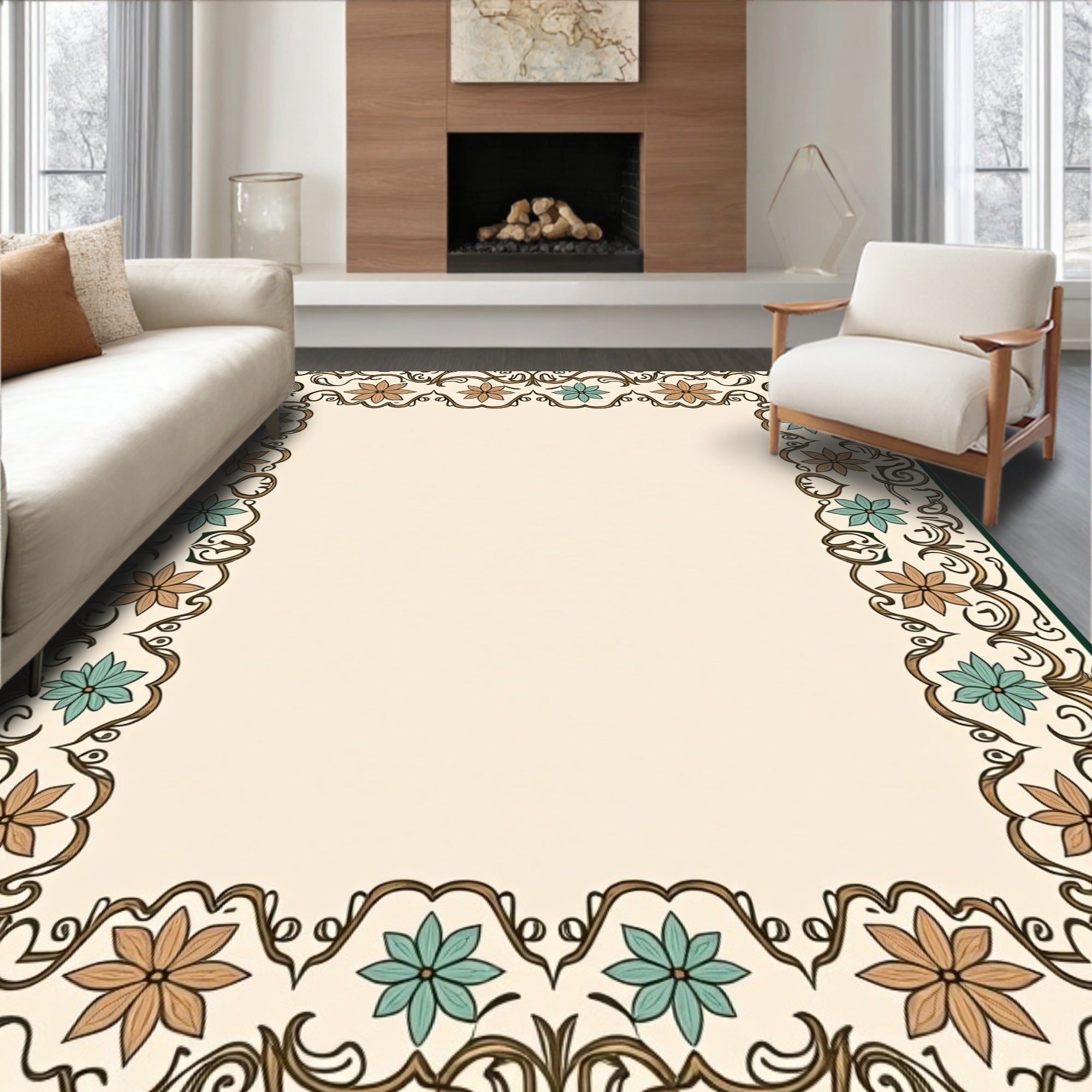 Floral Swirl Vine Border Design Rug