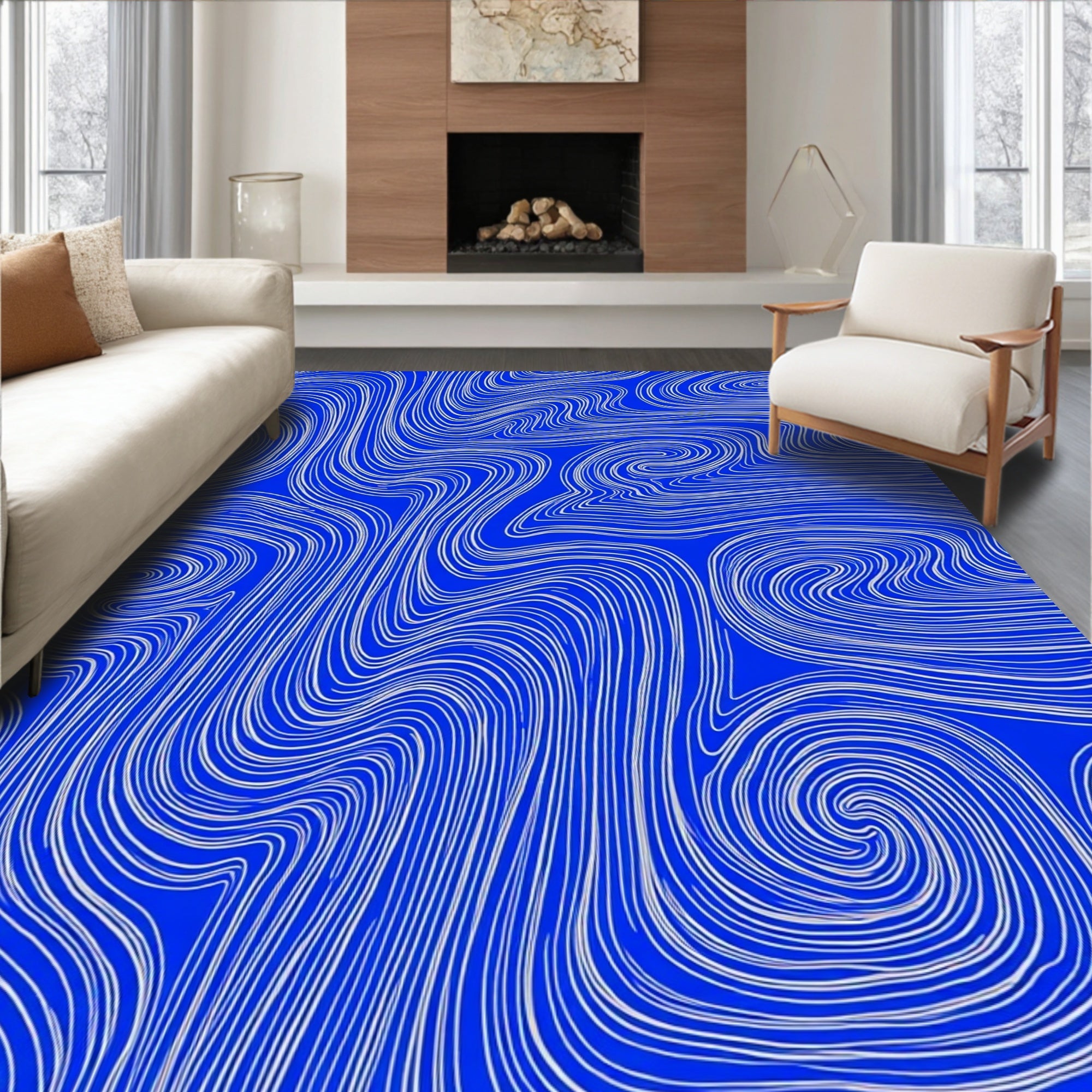 Abstract Blue Swirl Line Art Rug
