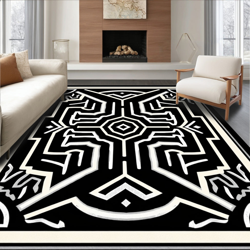 Black And White Abstract Geometric Pattern Rug