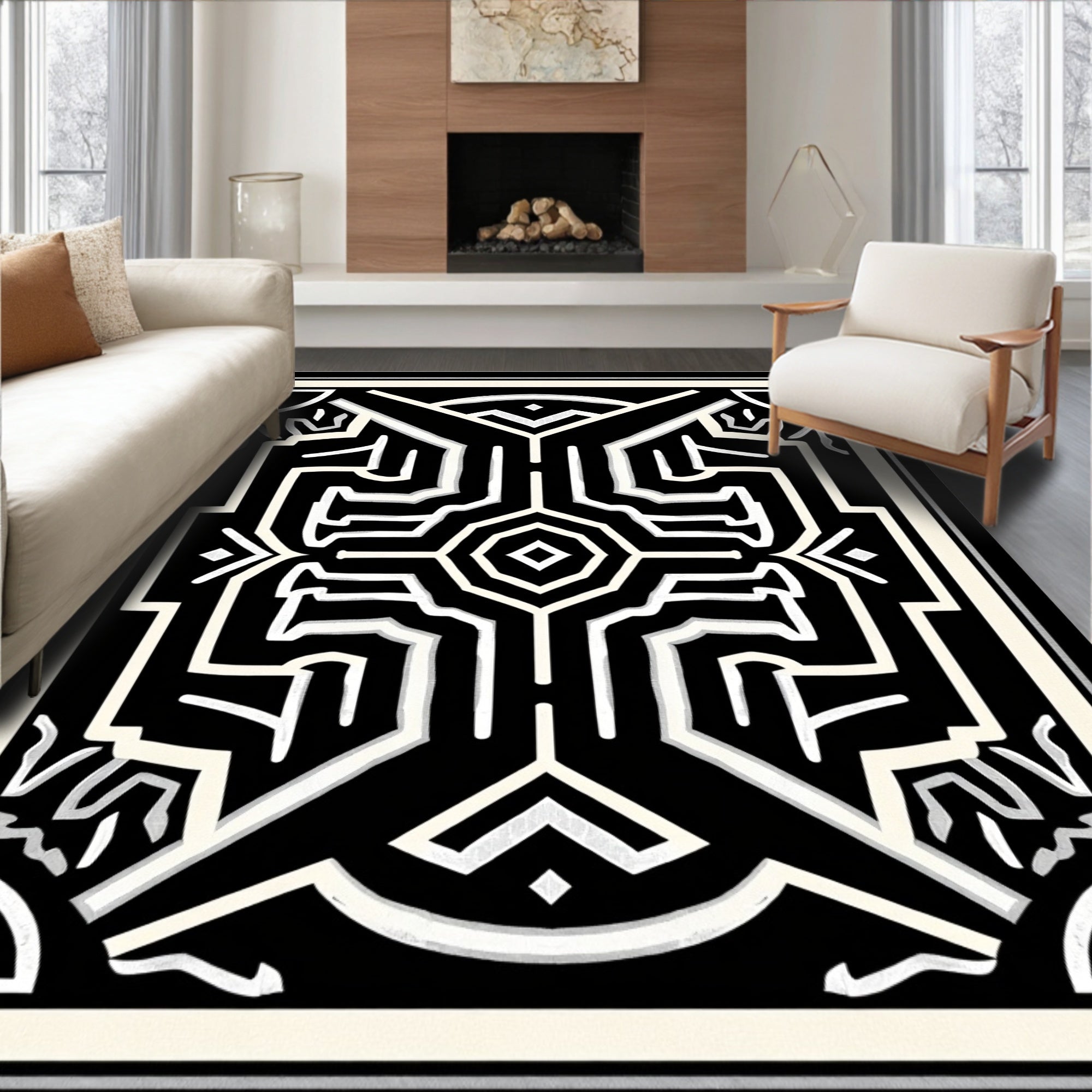 Black And White Abstract Geometric Pattern Rug