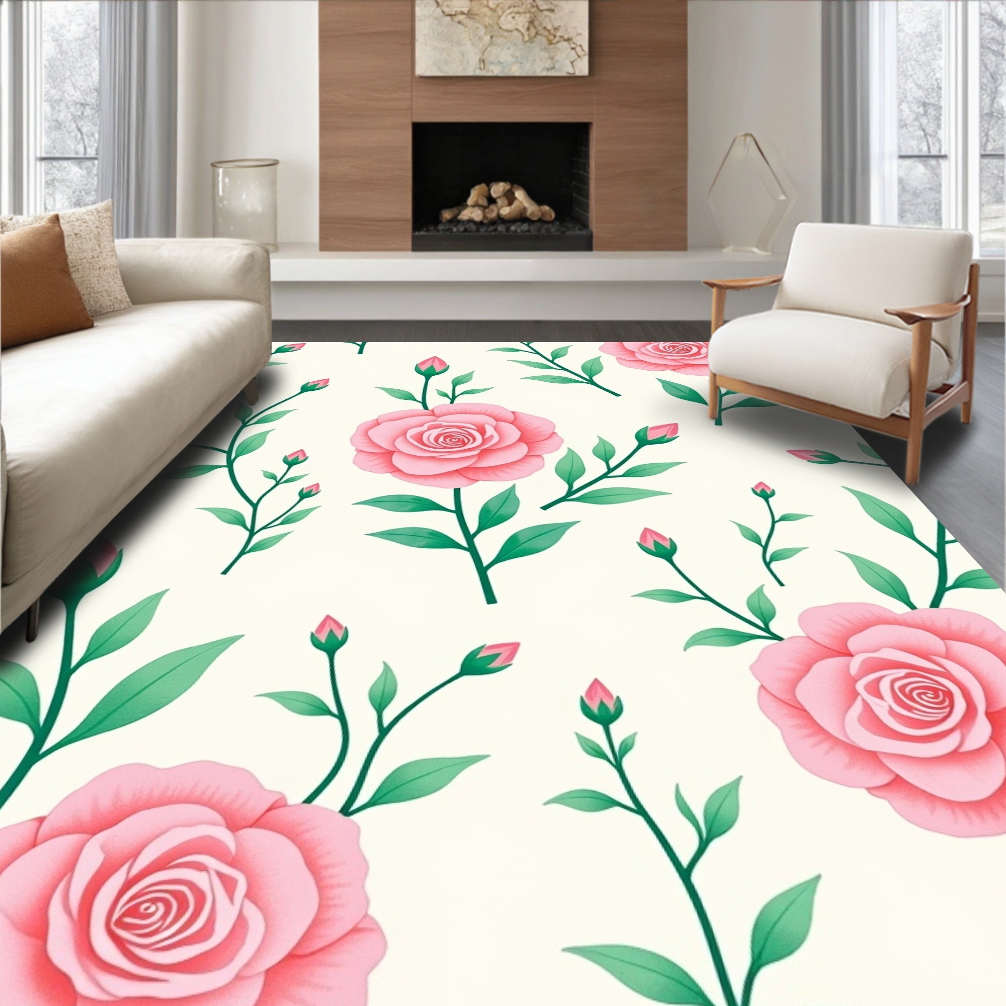 Pink Rose Garden Print Rug