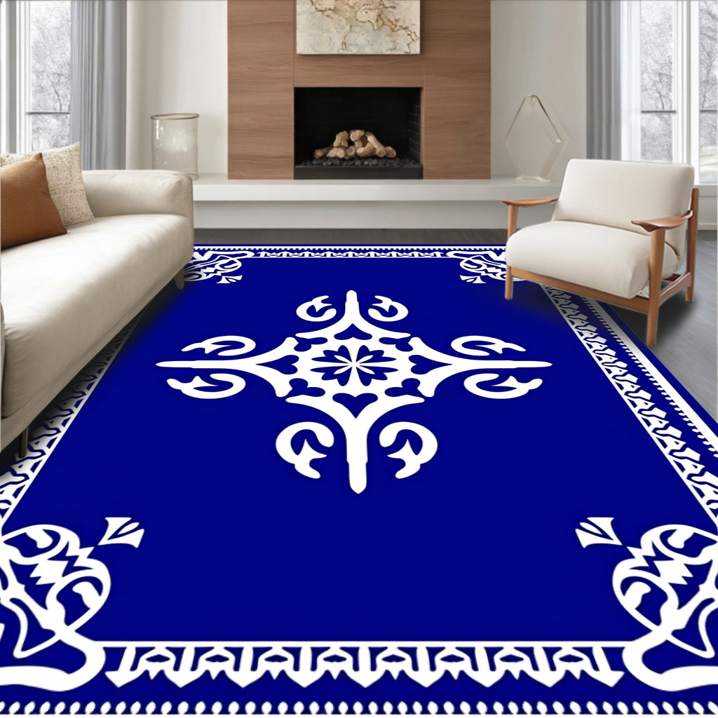 Ornate White Floral Motif Blue Rug