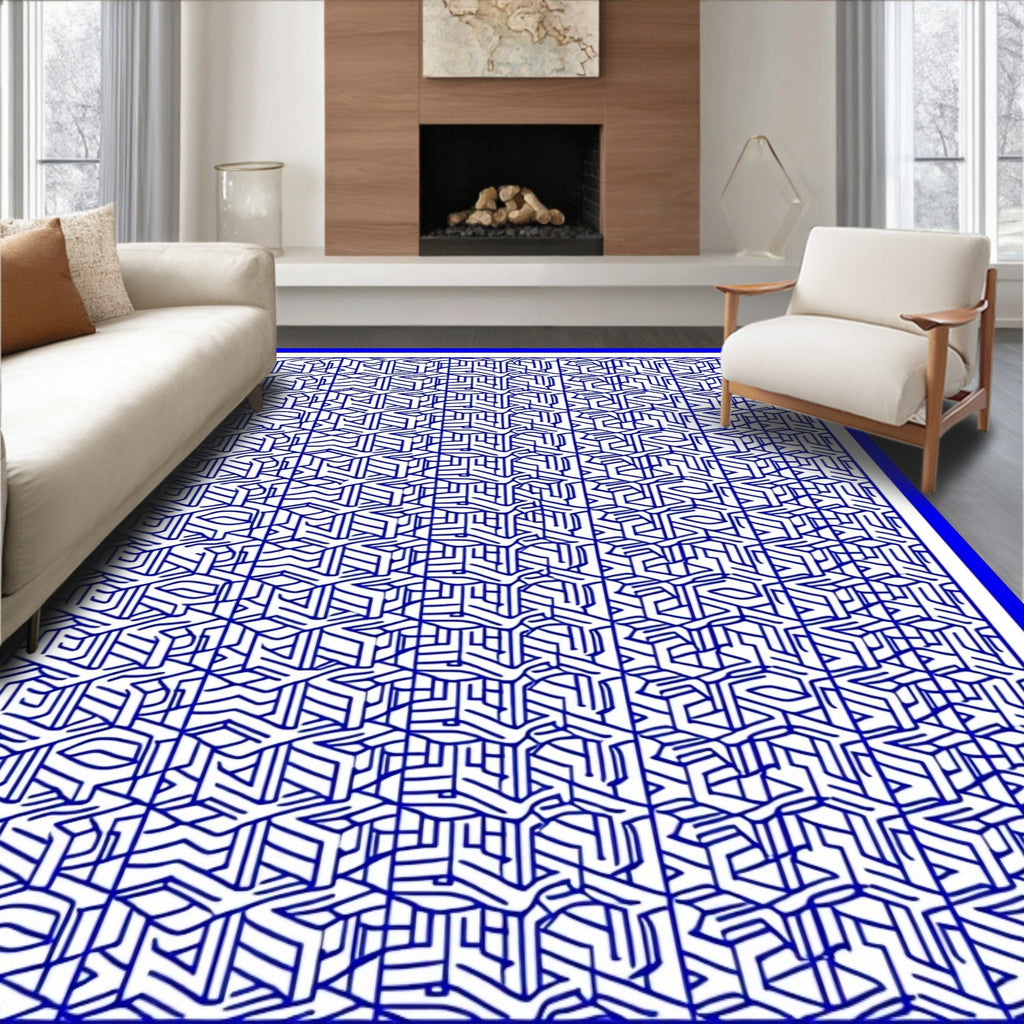 Blue Abstract Geometric Maze Rug