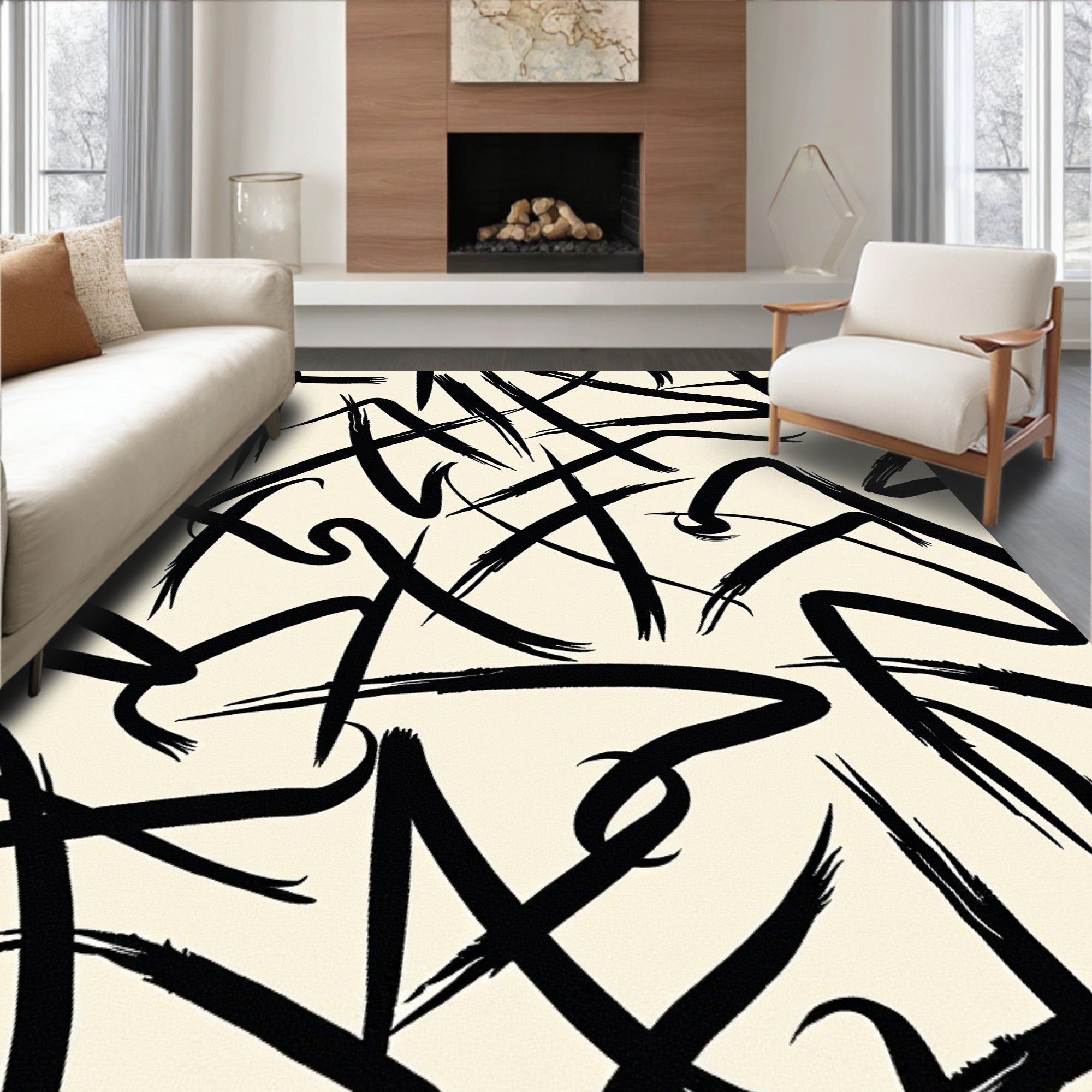 Black Bold Abstract Paint Strokes Rug