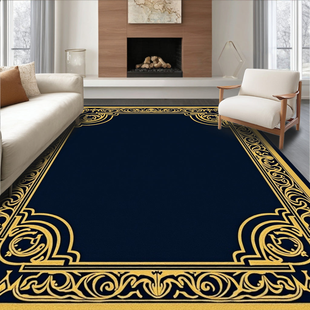 Ornate Blue Gold Decorative Frame Rug