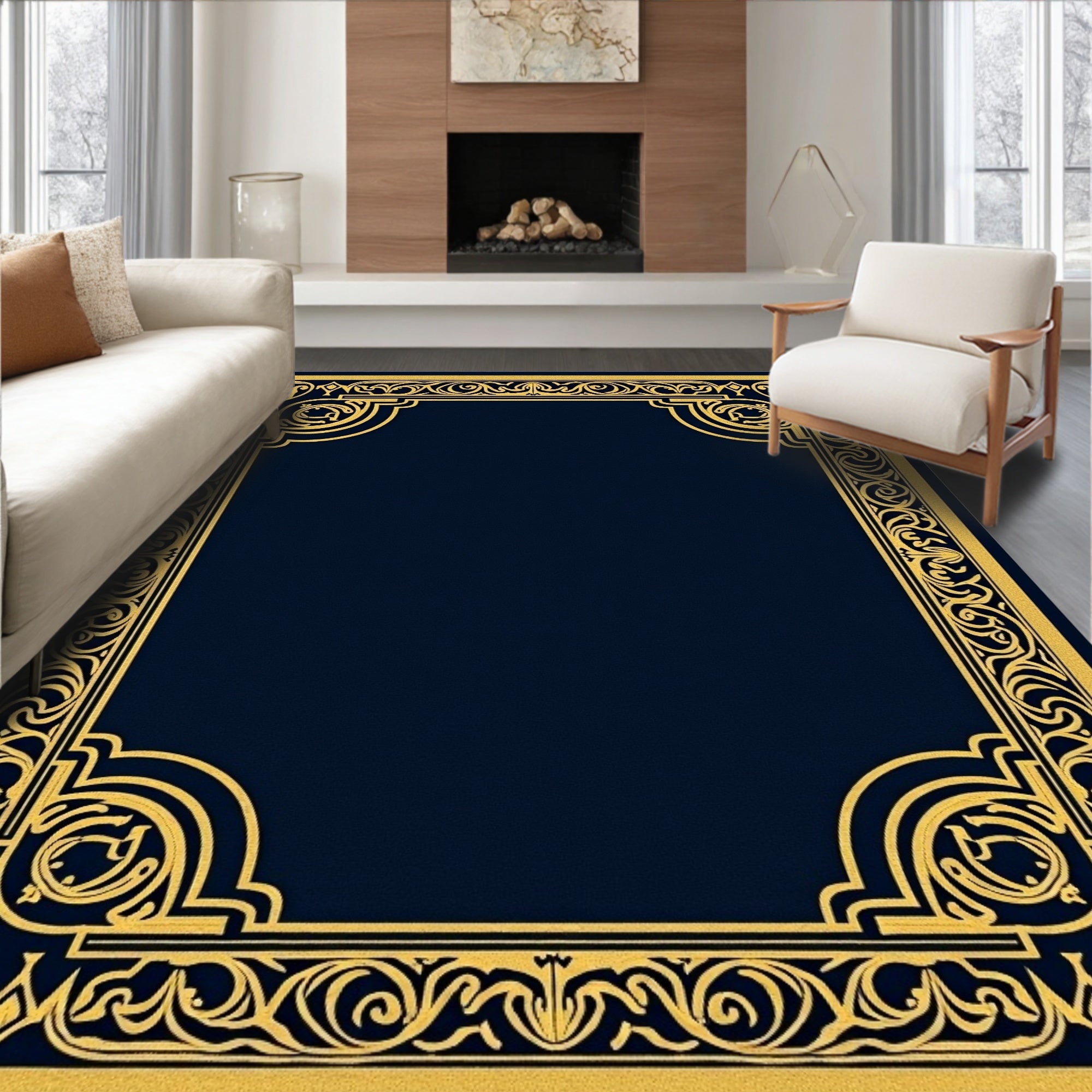 Ornate Blue Gold Decorative Frame Rug