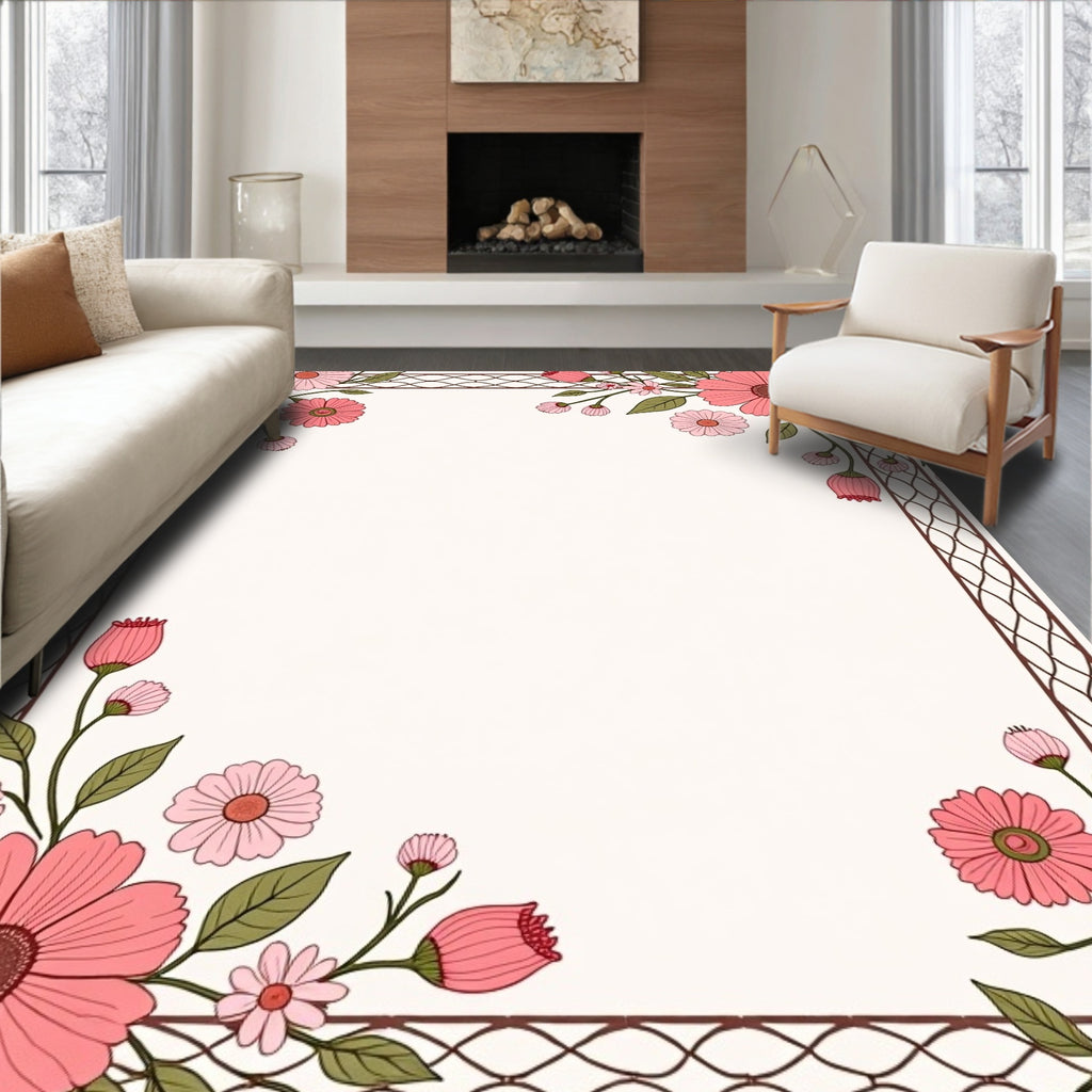 Floral Frame Pink Botanical Design Rug